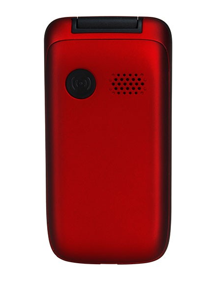 Rode klaptelefoon, gesloten. Heeft een zwarte knop en luidspreker aan de achterkant.