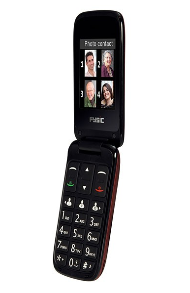 Klaptelefoon met contactfoto's op het scherm, zwart en rood ontwerp, op een witte achtergrond.