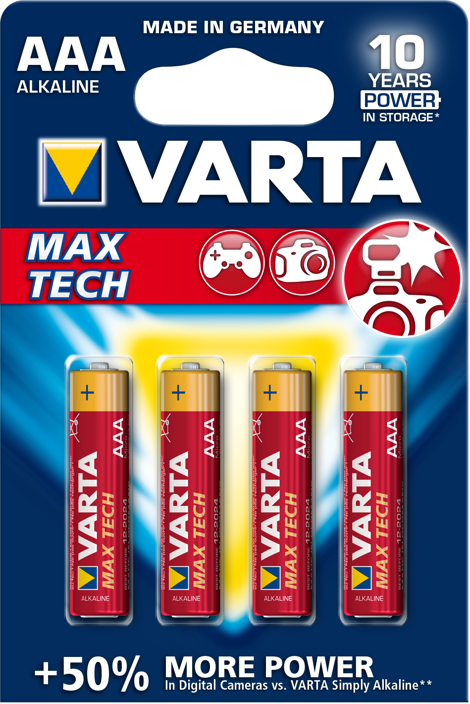 VARTA Max Tech AAA Batterien, blau-rote Verpackung. Vier Batterien sichtbar. Text enthält '+50% More Power'.