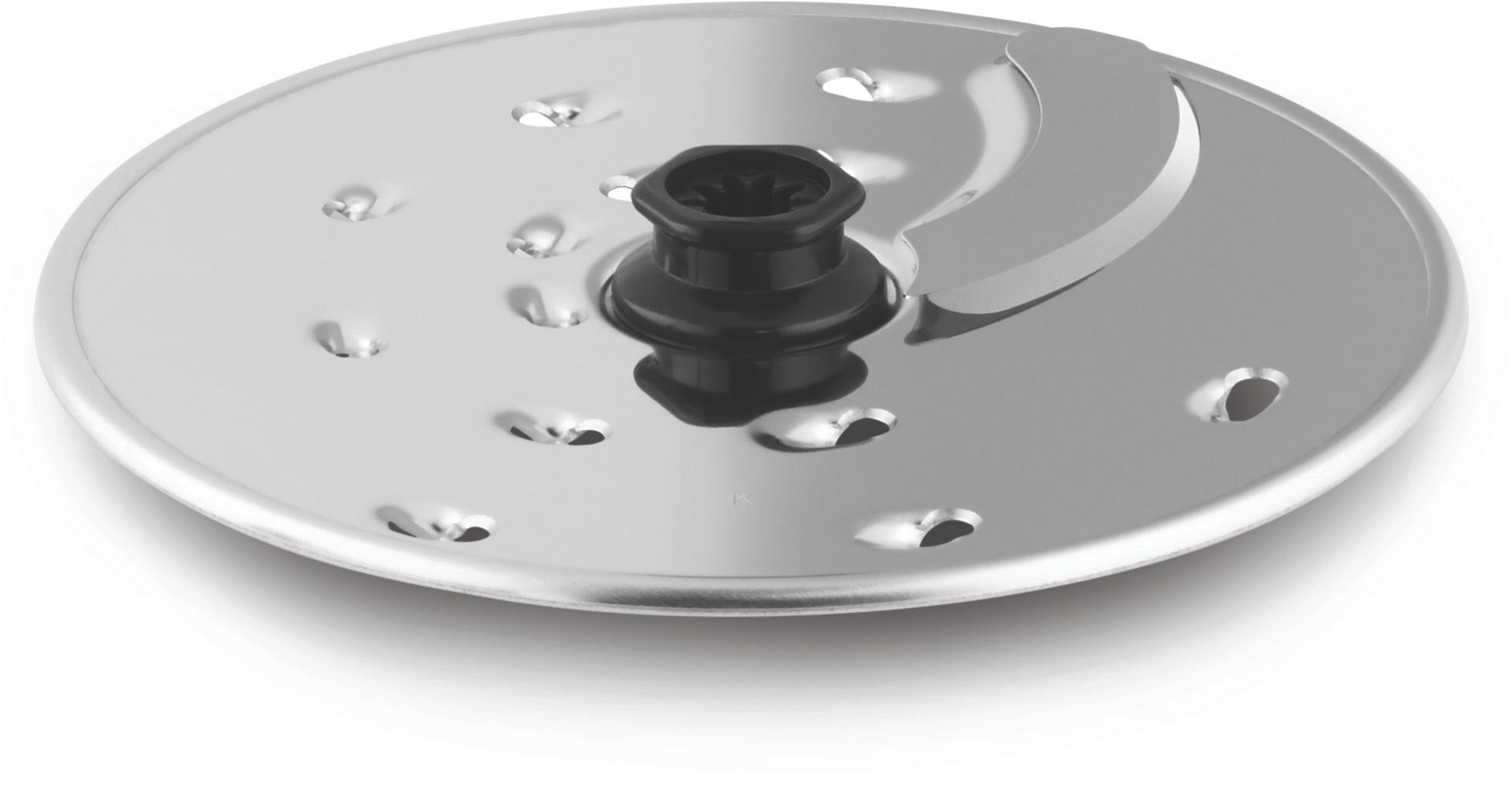 Een rond metalen mes met een zwart middenstuk. Het mes heeft een gebogen snijkant.