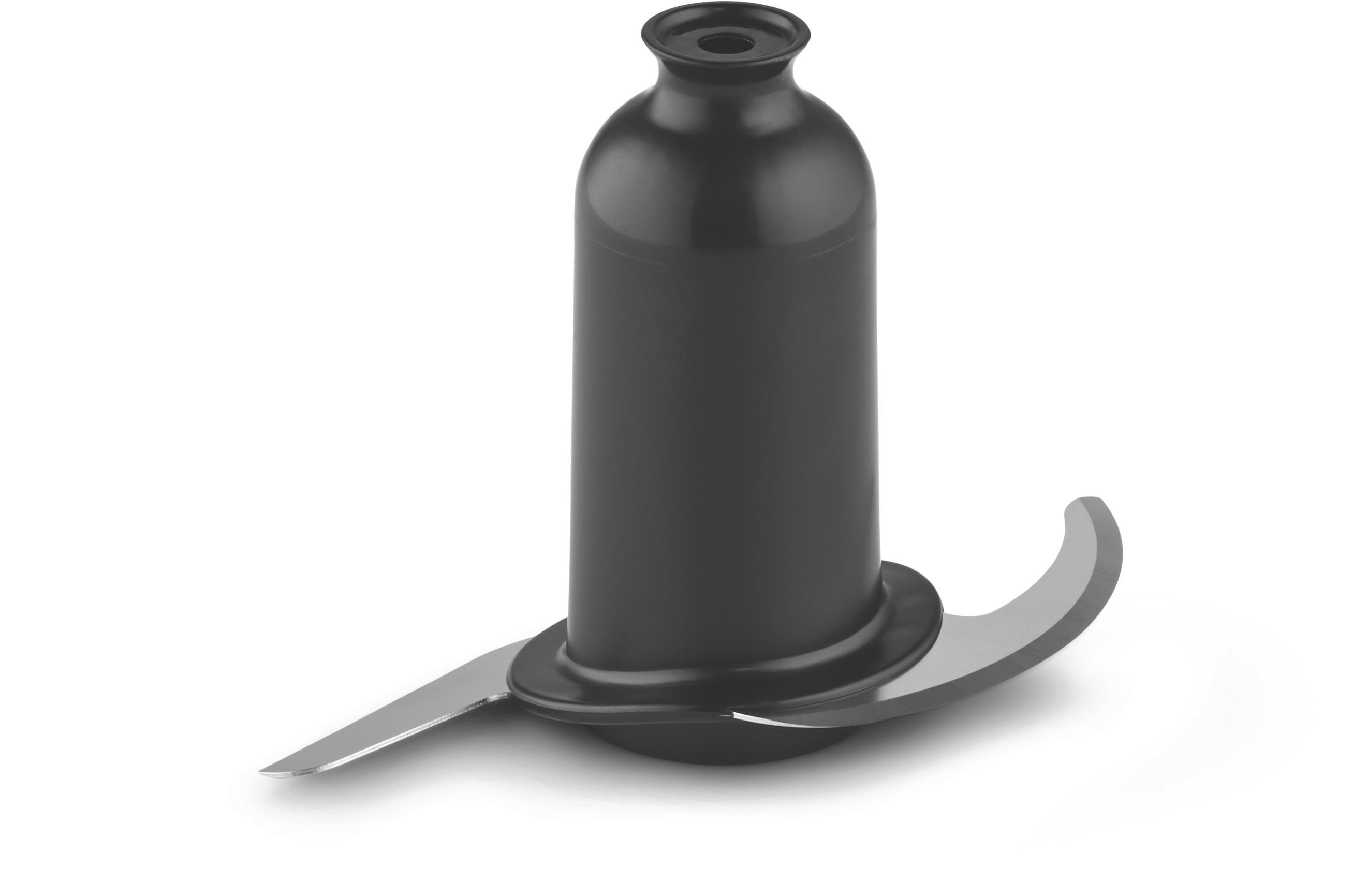Zwart blenderblad op een wit oppervlak. Bladen wijzen naar buiten.