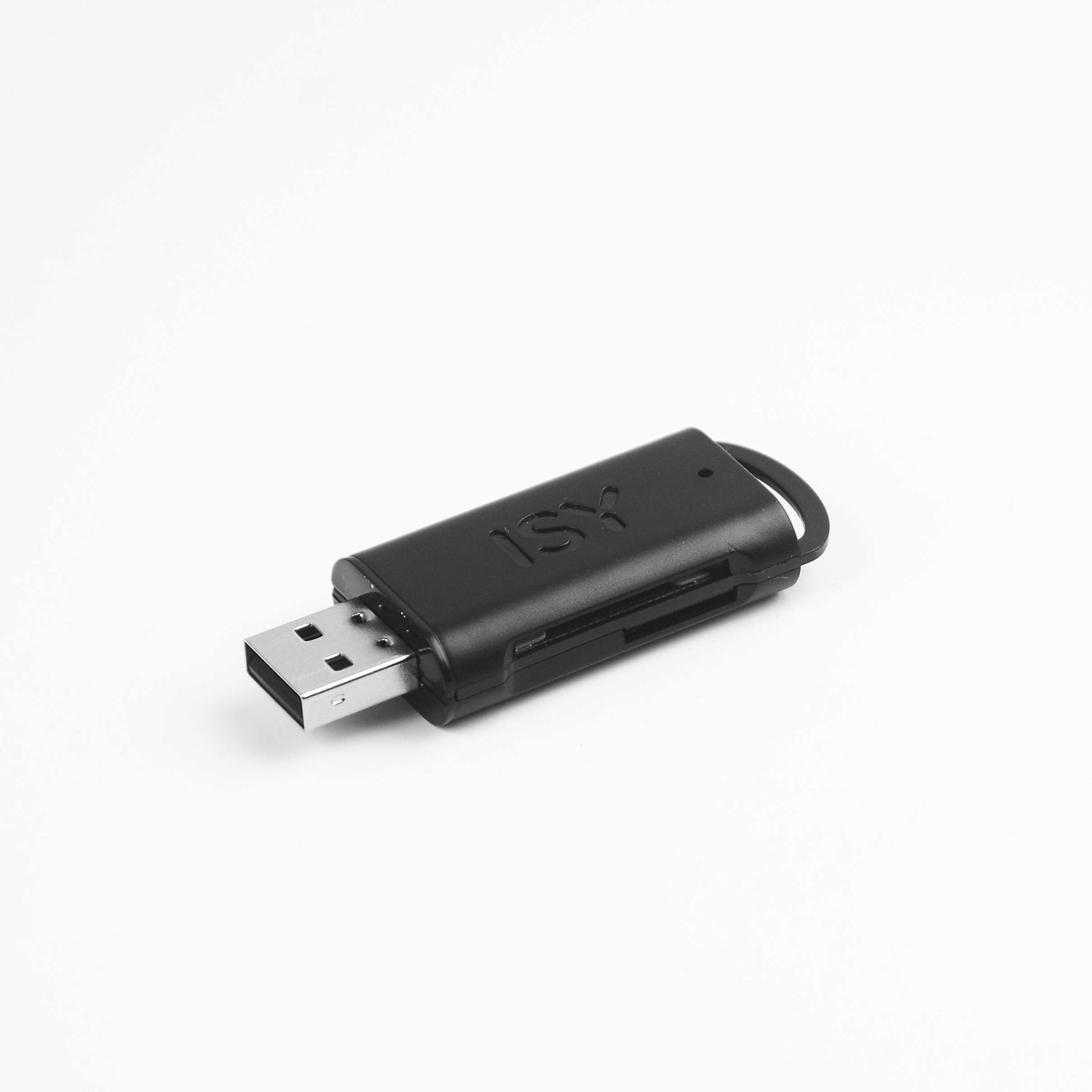 Schwarzer USB-Stick mit ISY-Logo auf weißem Hintergrund.