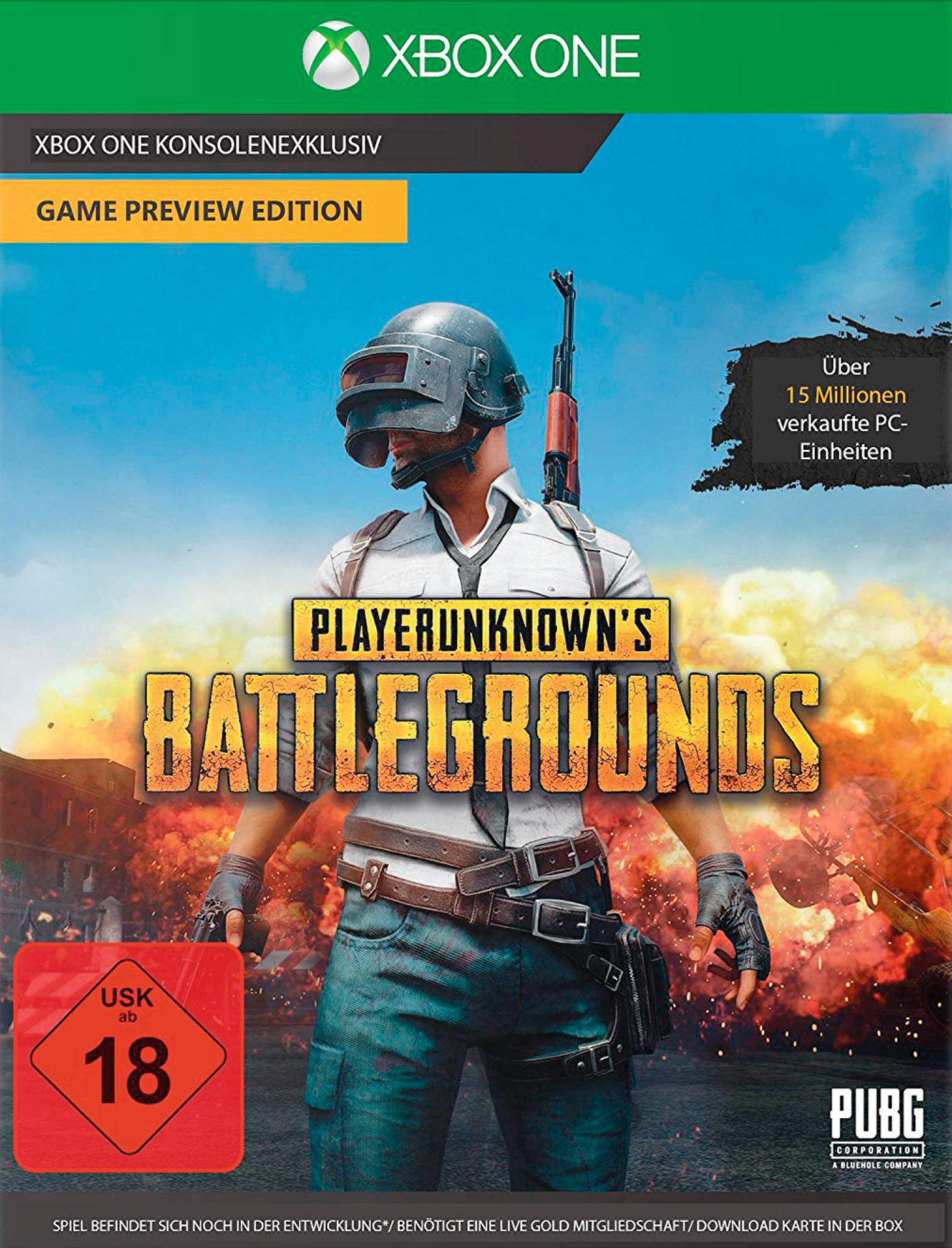 Xbox One-Spielcover: PlayerUnknown's Battlegrounds. Soldat mit Helm und Gewehr vor feurigem Hintergrund. Text prominent.