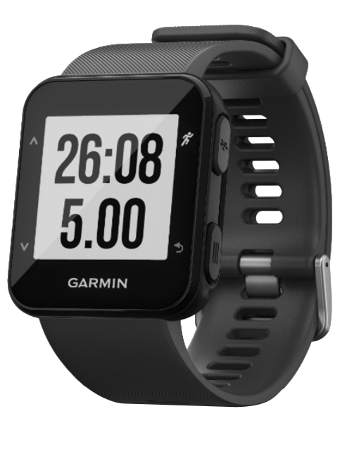 Fekete Garmin óra 26:08 és 5.00-t mutat fehér képernyőn. Fekete szíj és gombok. A márkanév látható.