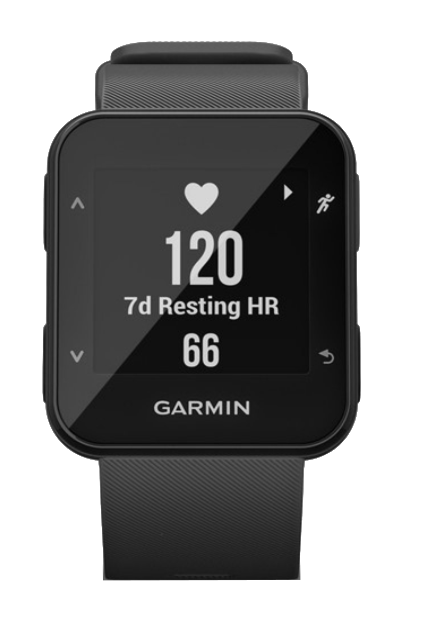 Fekete Garmin okosóra 120-as pulzusszámmal, 66-os nyugalmi pulzussal és a Garmin logóval.