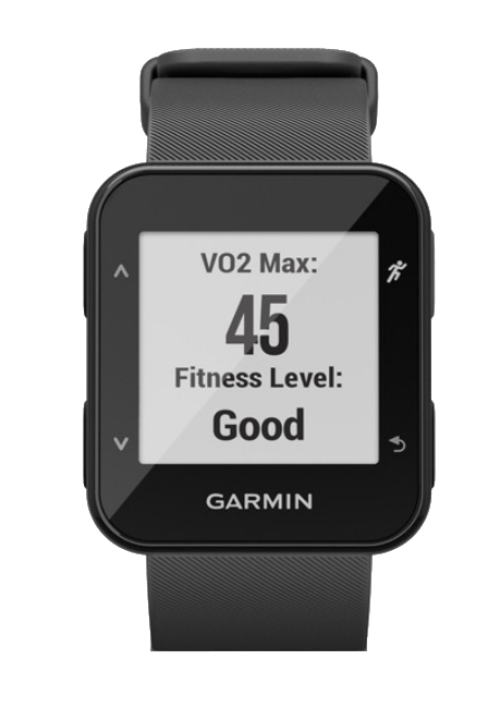 A fekete Garmin okosóra 45-ös VO2 Max-ot és Jó fitneszszintet mutat. Az óra fekete szíjjal rendelkezik.