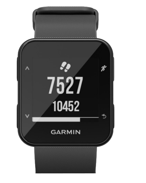 Egy fekete Garmin okosóra lépésszámot jelenít meg, 7527, és célt, 10452. Az óra fekete szíjjal rendelkezik, a Garmin logó látható.