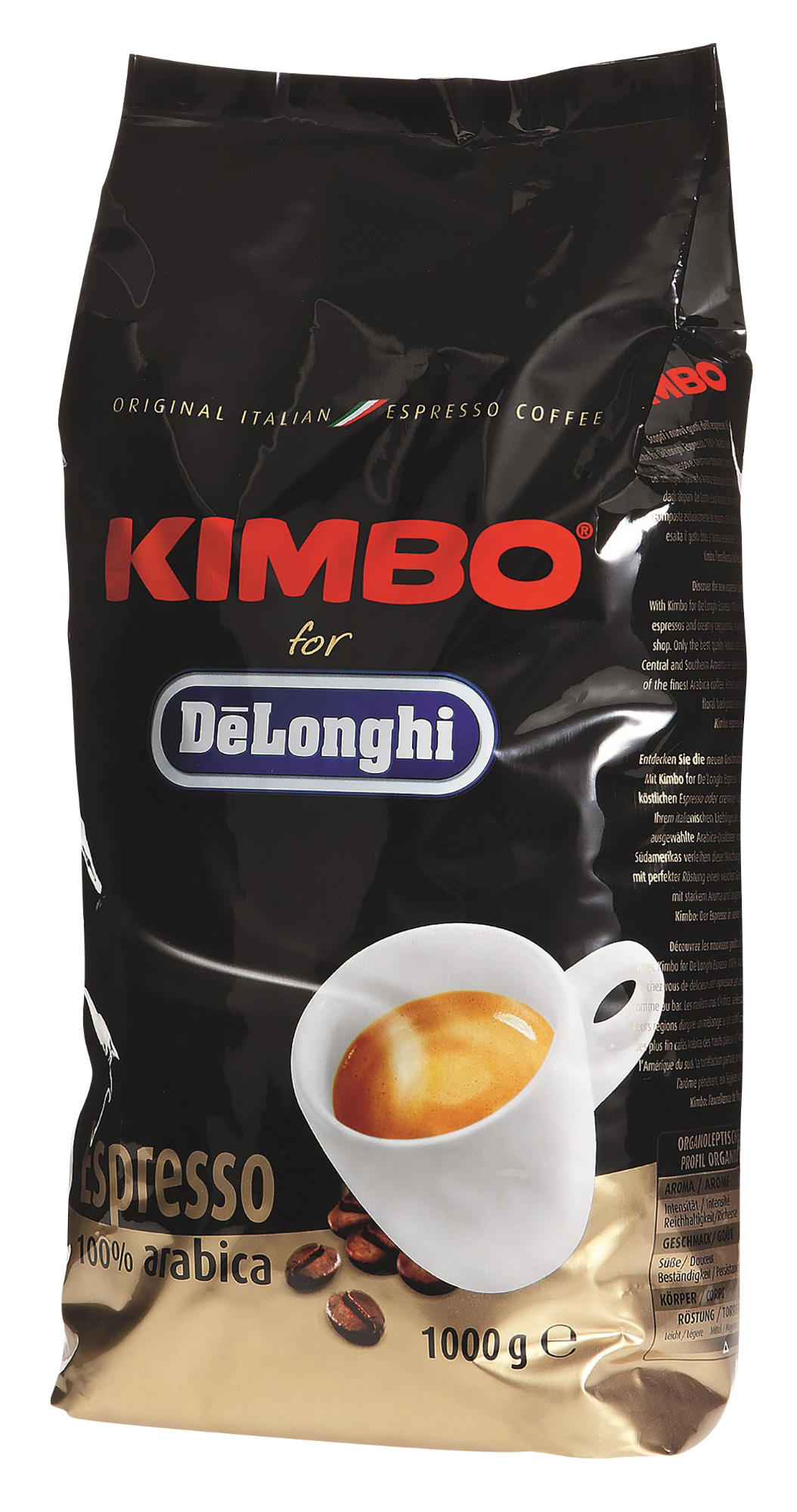 Paquet de café Kimbo pour espresso DeLonghi, montrant une tasse.