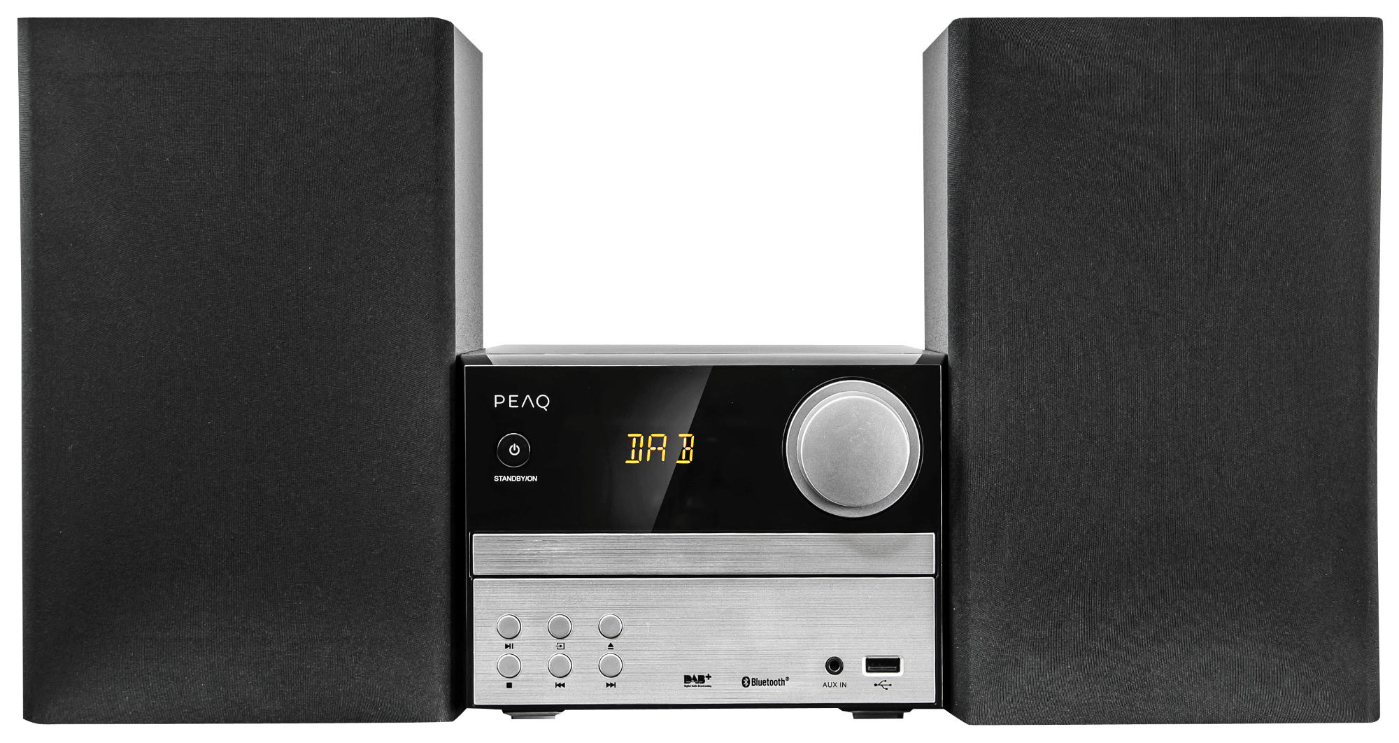 Ein schwarzes Mini-Stereosystem mit zwei Lautsprechern. Die Marke PEAQ ist auf der Mitteleinheit aufgedruckt.