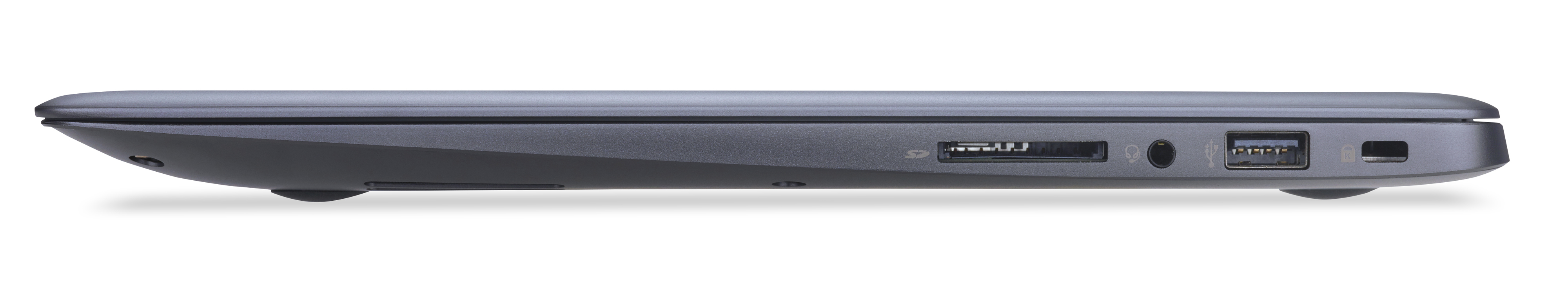 Seitenansicht eines dunkelgrauen Laptops. Zeigt Anschlüsse für SD-Karte, Kopfhörer, USB und Strom.