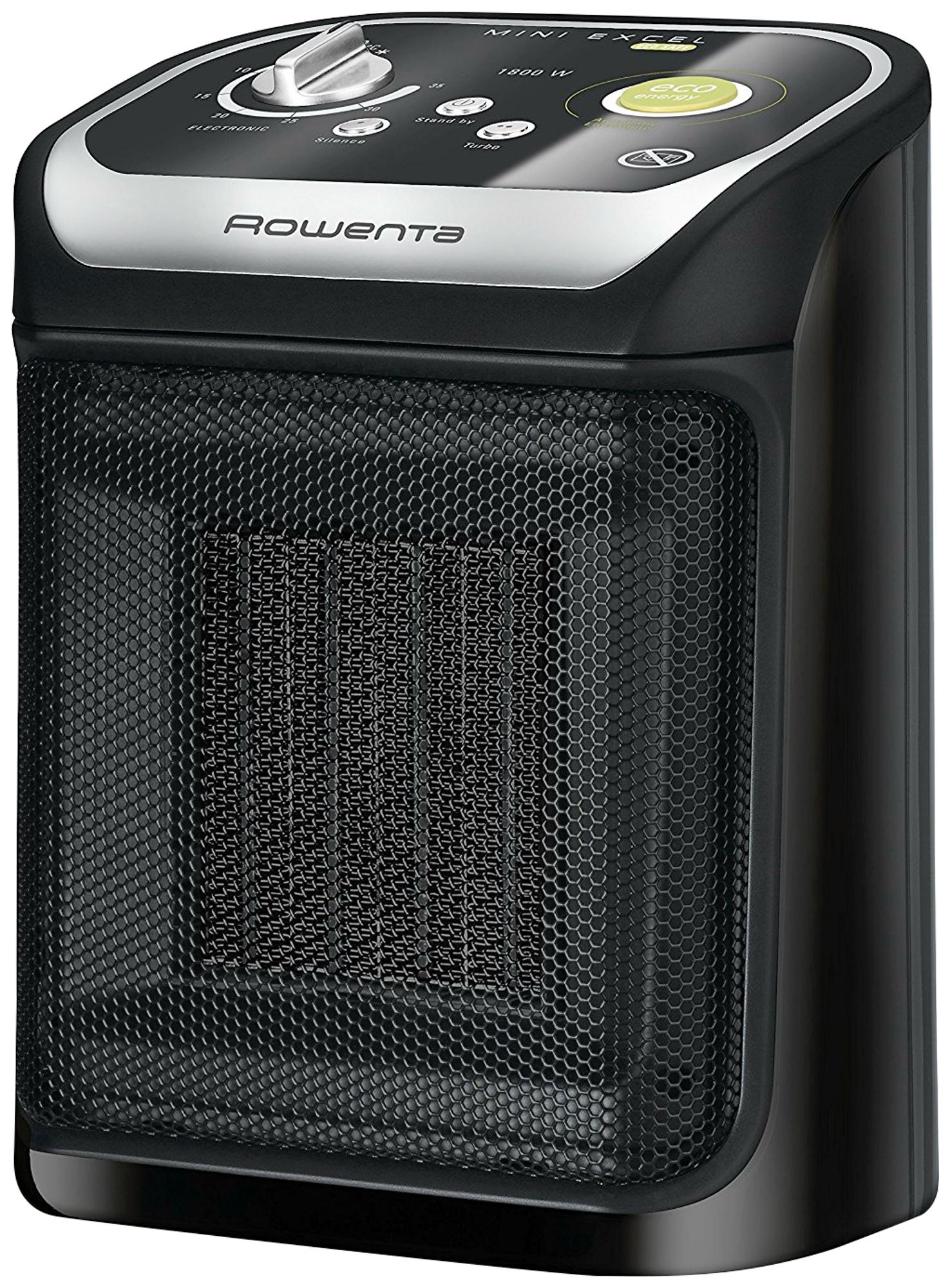 Calefactor cerámico - Rowenta Mini Excel Eco Safe, 1800W, 2 velocidades, Negro