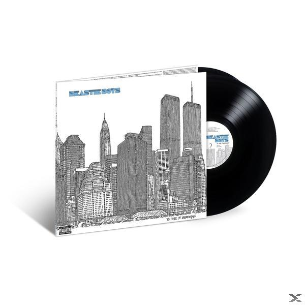 Beastie Boys Albumcover mit Skyline von New York City auf weißem Hintergrund und schwarzem Vinyl.