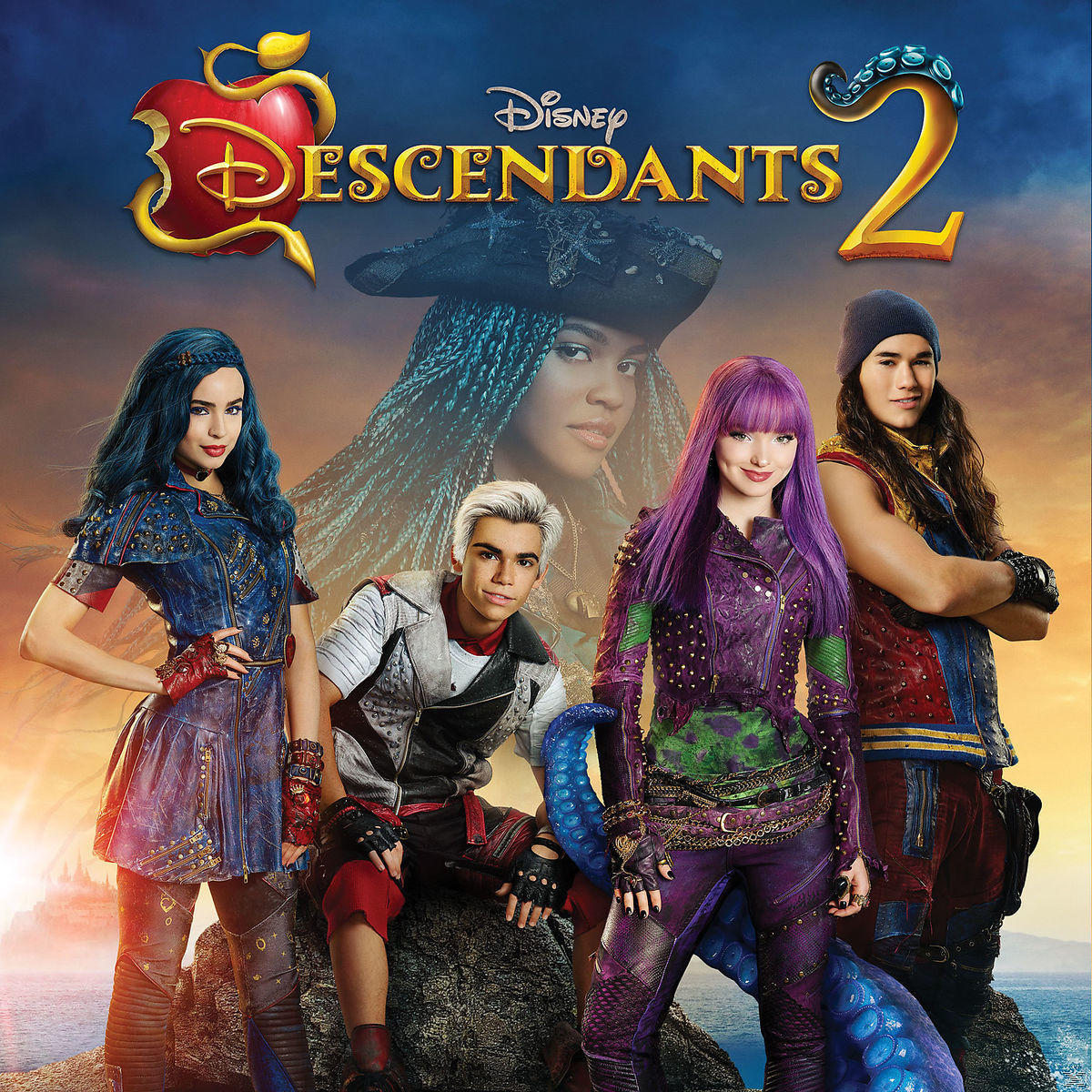 Filmposter voor 'Descendants 2' met vier jonge acteurs. Kleurrijke kleding, fantasiethema, Disney-logo.