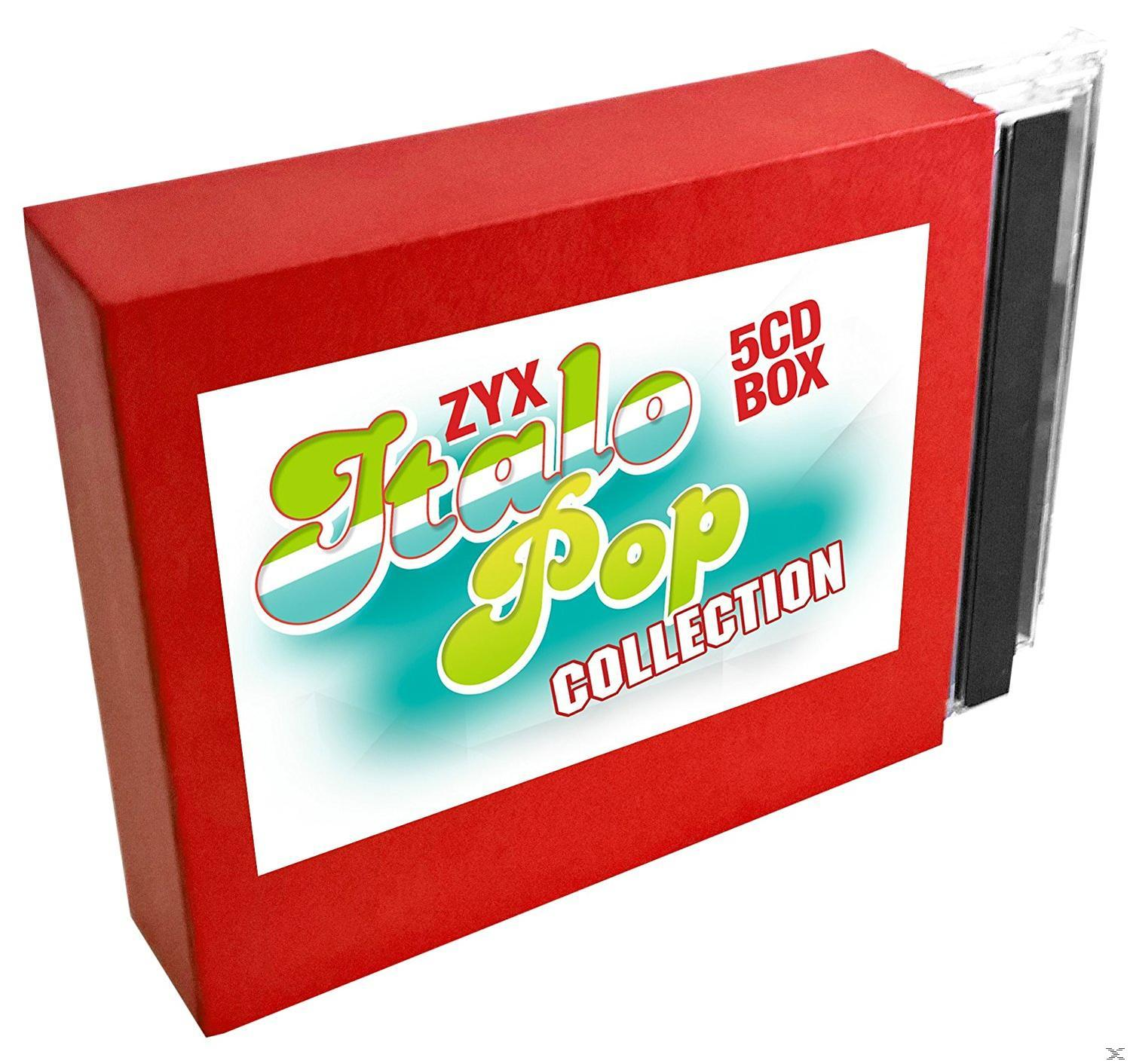 Eine rote Box für eine 5CD Italo Pop Collection. Die Box hat ein Etikett. Weißer Hintergrund.