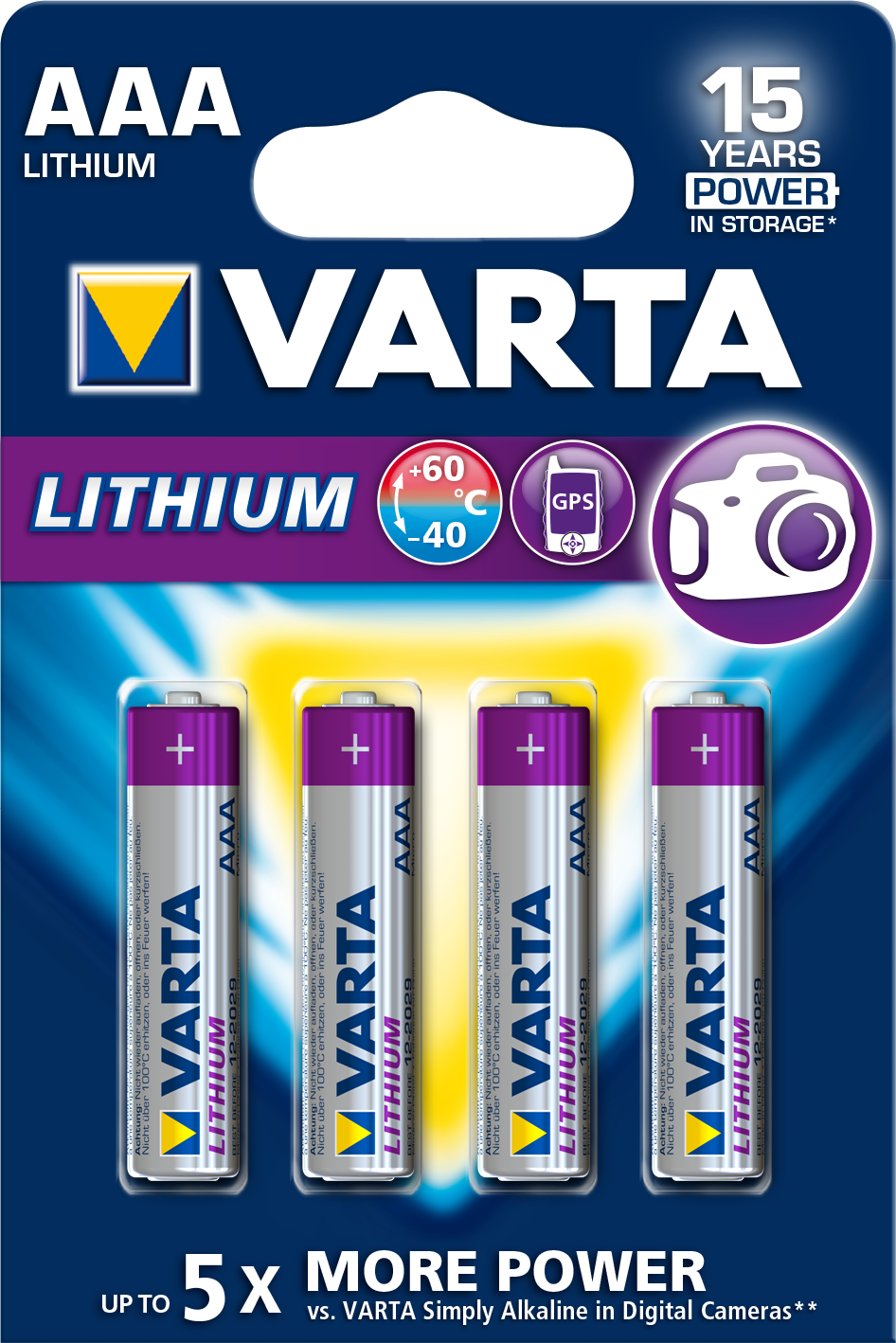 Verpackung von Varta AAA Lithium-Batterien. Enthält vier Batterien, Produktdetails und Branding auf blauem und lila Hintergrund.