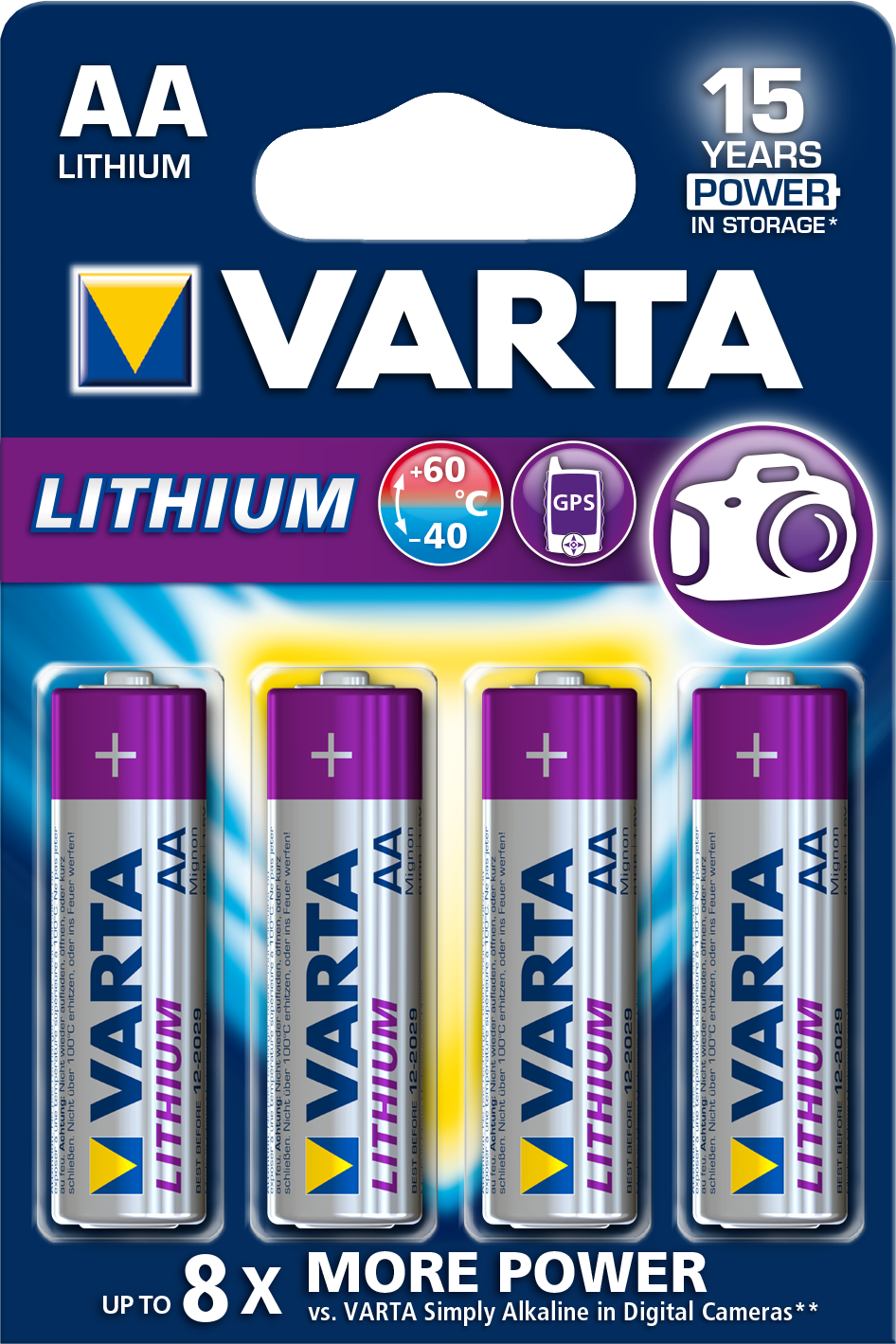 Eine Packung VARTA AA Lithium Batterien. Sie zeigt vier Batterien in einer blau-gelben Verpackung. Sie hat ein Kamera-Symbol.
