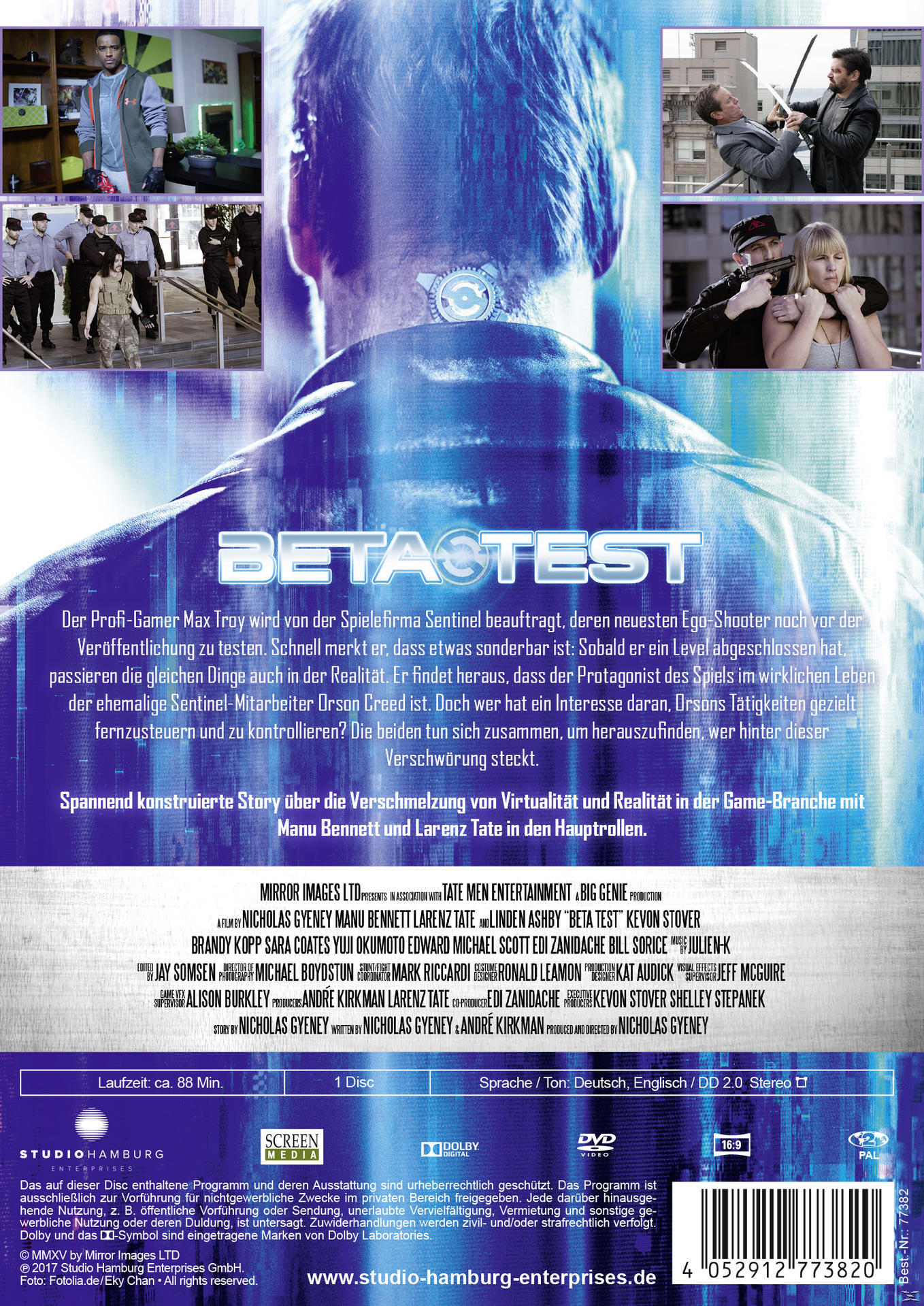 DVD-Cover des Films Betatest, mit einem Männergesicht und Text über die Handlung.
