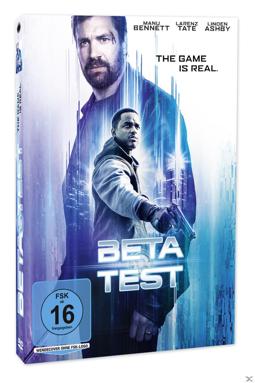 DVD-Hülle eines Films mit zwei Männern, von denen einer eine Waffe hält. Der Filmtitel lautet 'Beta Test'.