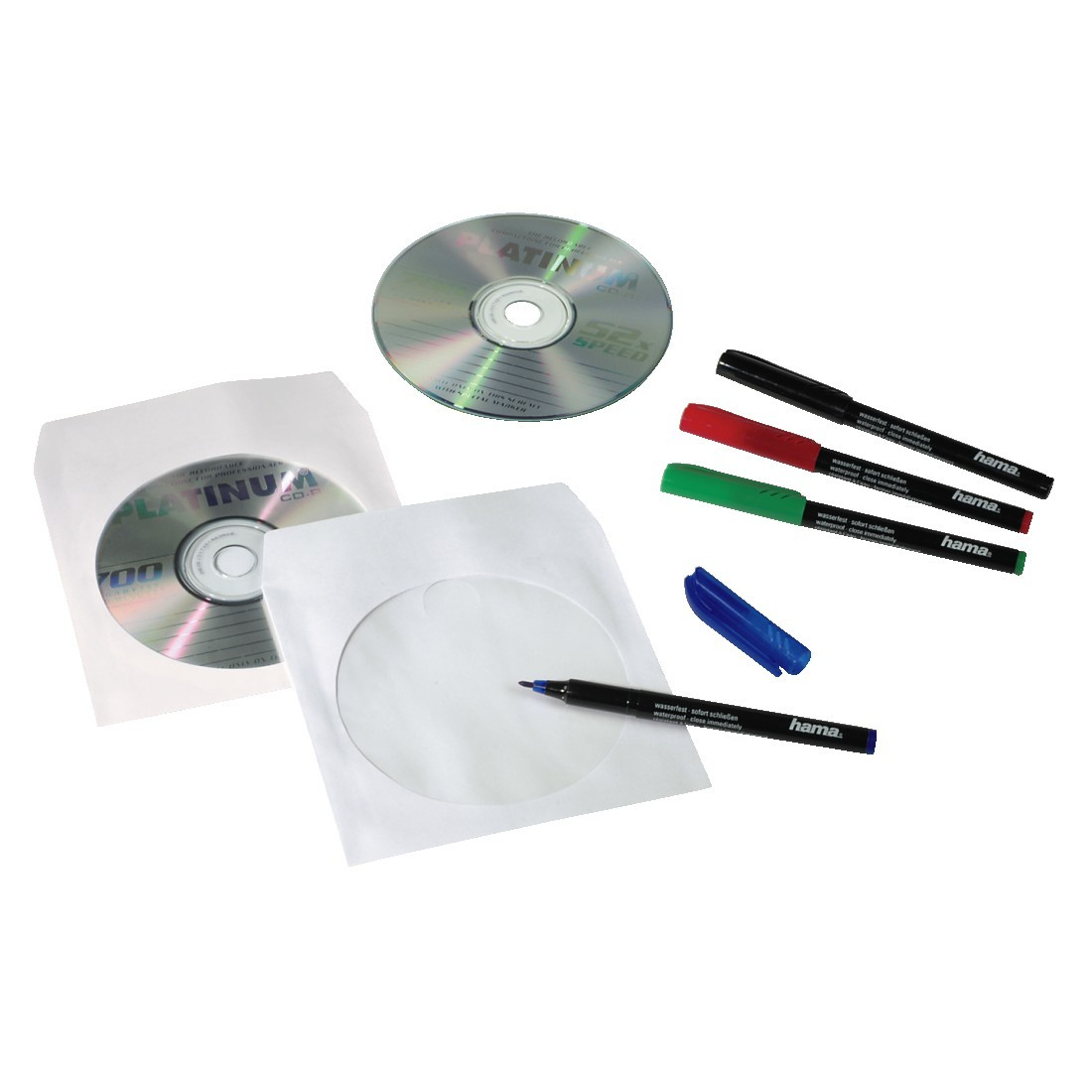 CD, pochettes CD et marqueurs. Un CD dans une pochette, un seul CD.