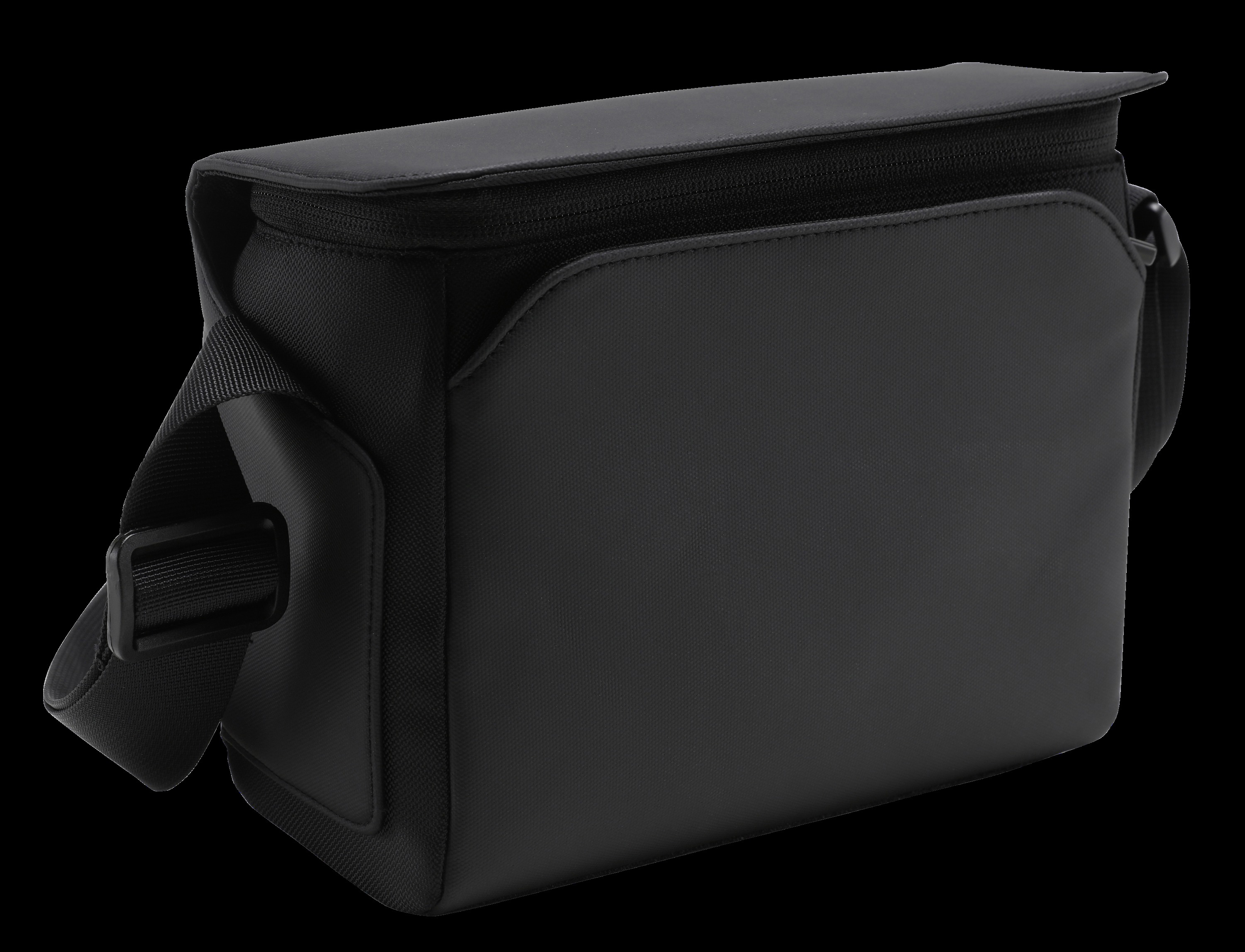 Schwarze rechteckige Tasche mit Schulterriemen. Es ist eine Kameratasche.