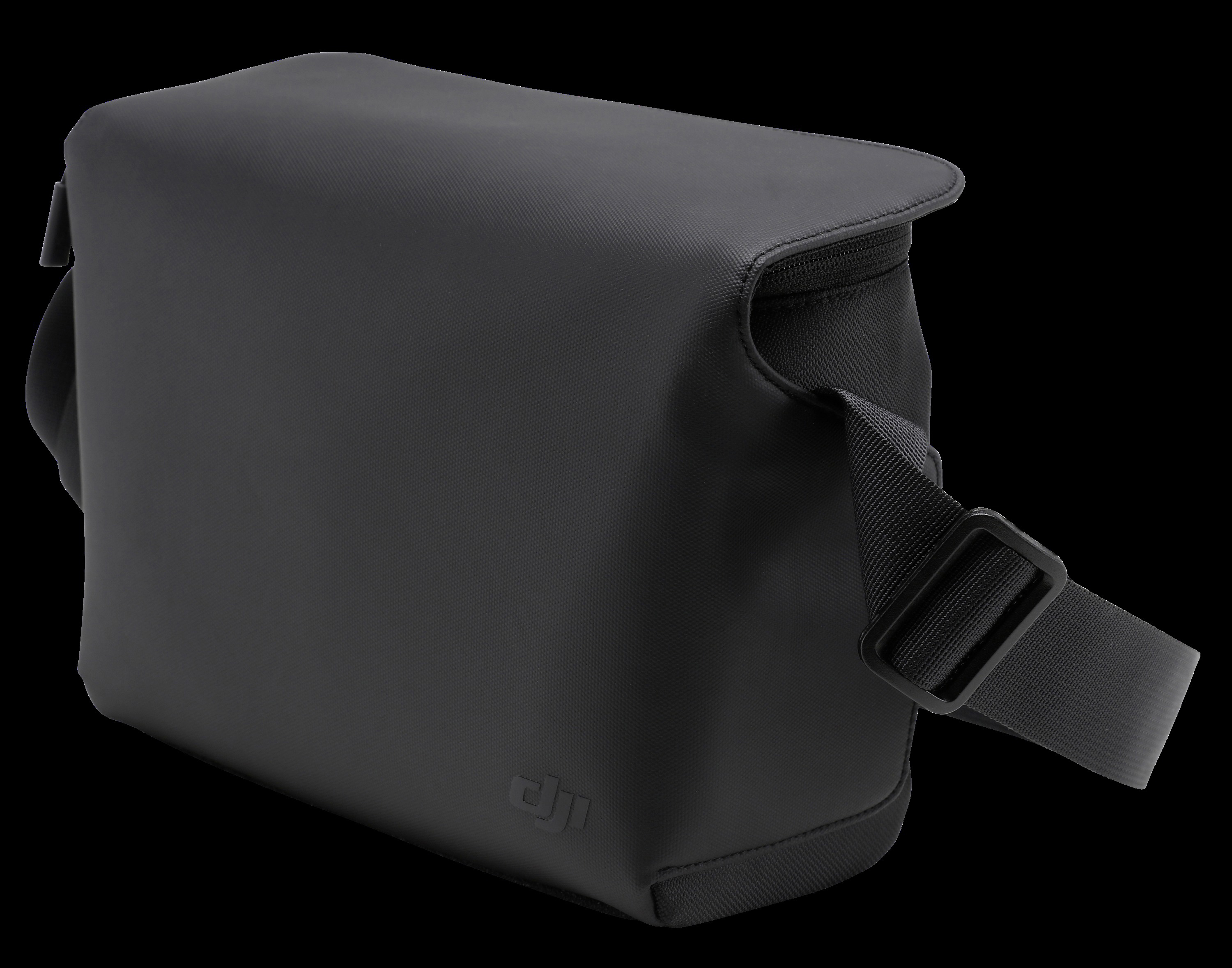 Eine schwarze, rechteckige DJI-Drohnen-Schultertasche mit DJI-Logo auf schwarzem Hintergrund.