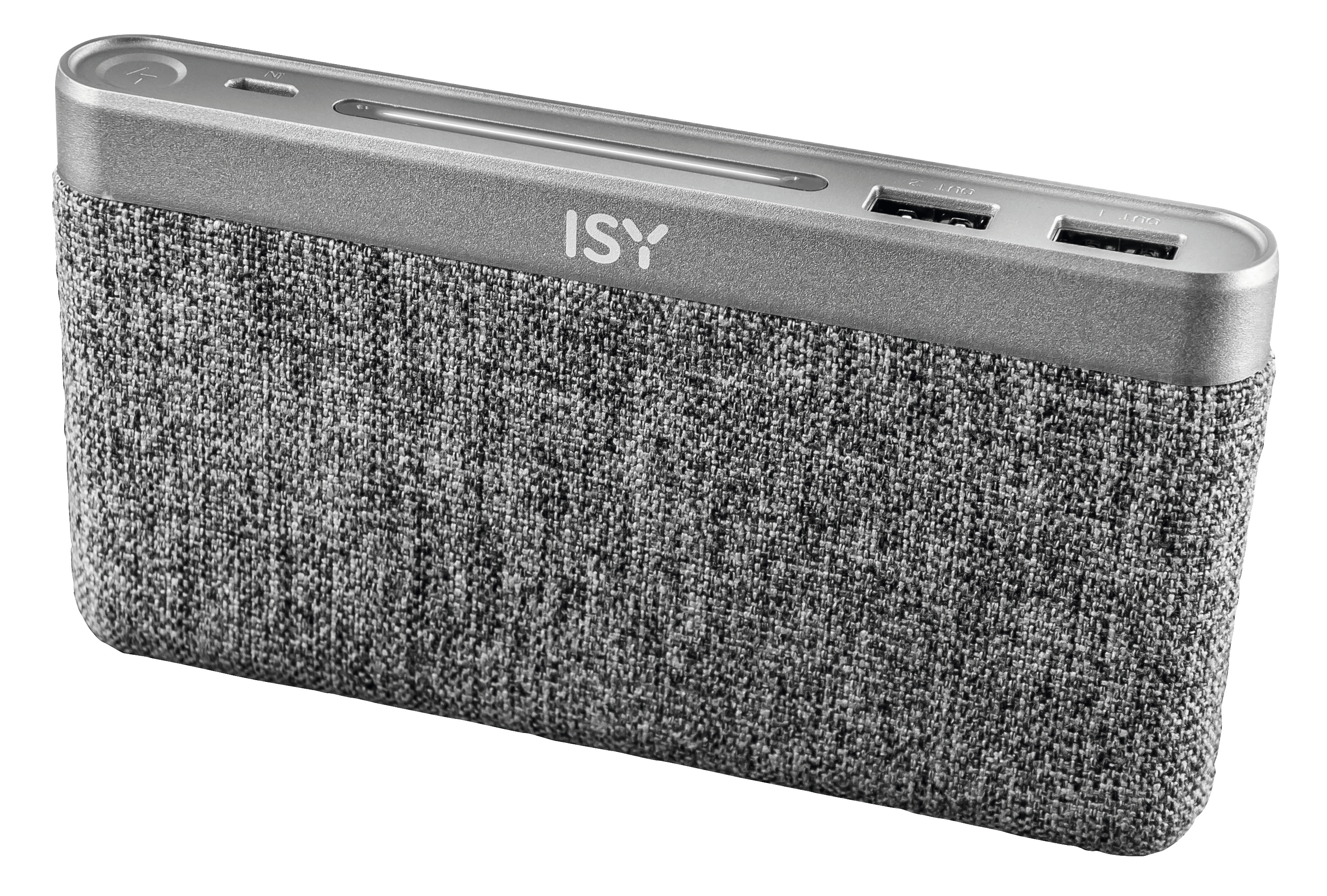 Silberne und graue Powerbank mit Stoffstruktur auf der Vorderseite, mit USB-Anschlüssen.