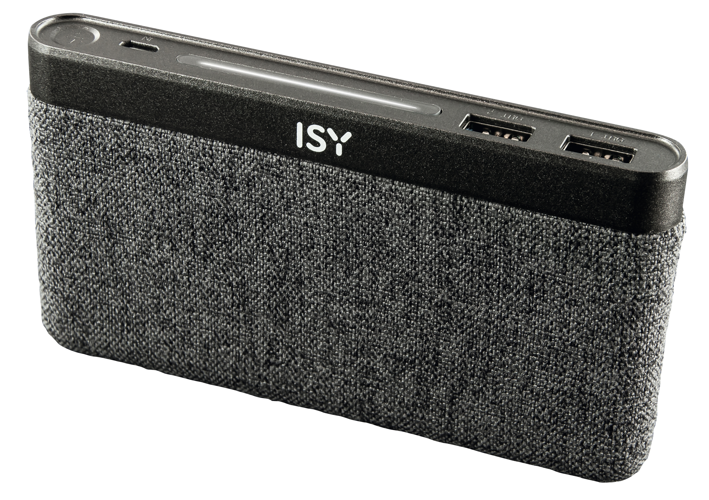Graue Powerbank mit zwei USB-Anschlüssen und dem Logo 'ISY'.