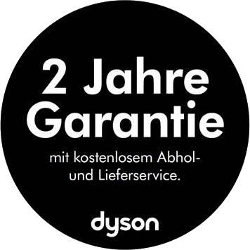 Schwarzer Kreis, weißer Text: 2 Jahre Garantie, Dyson Logo.