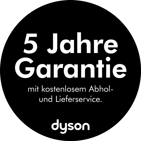 Schwarzer Kreis mit weißem Text '5 Jahre Garantie' und 'Dyson'-Logo.