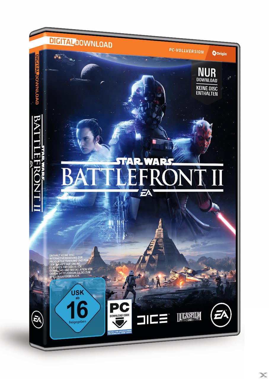 Star Wars: Battlefront II Spielbox. Charaktere auf dem Cover mit futuristischem Hintergrund.