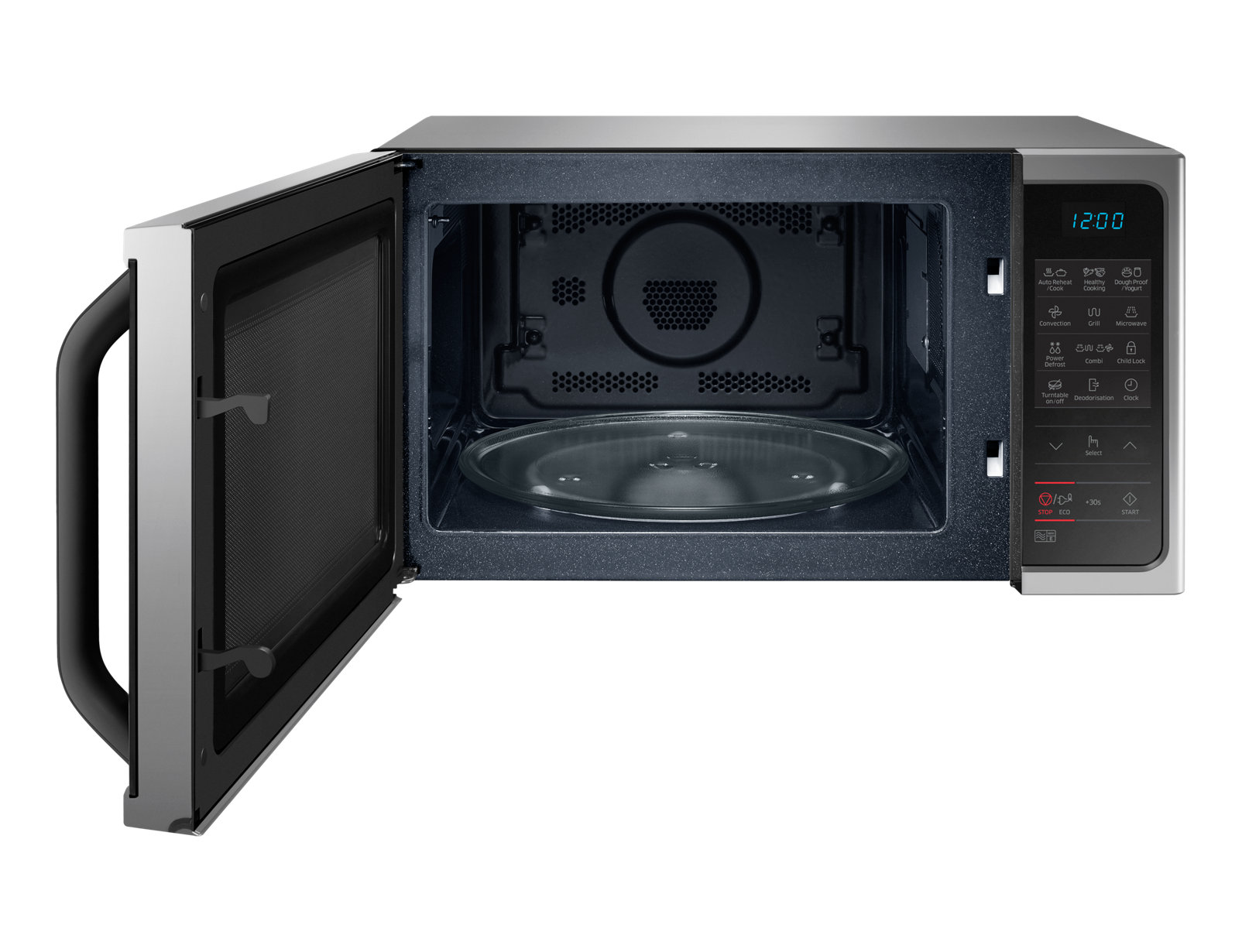A silver microwave with an open door, revealing a glass plate and interior.