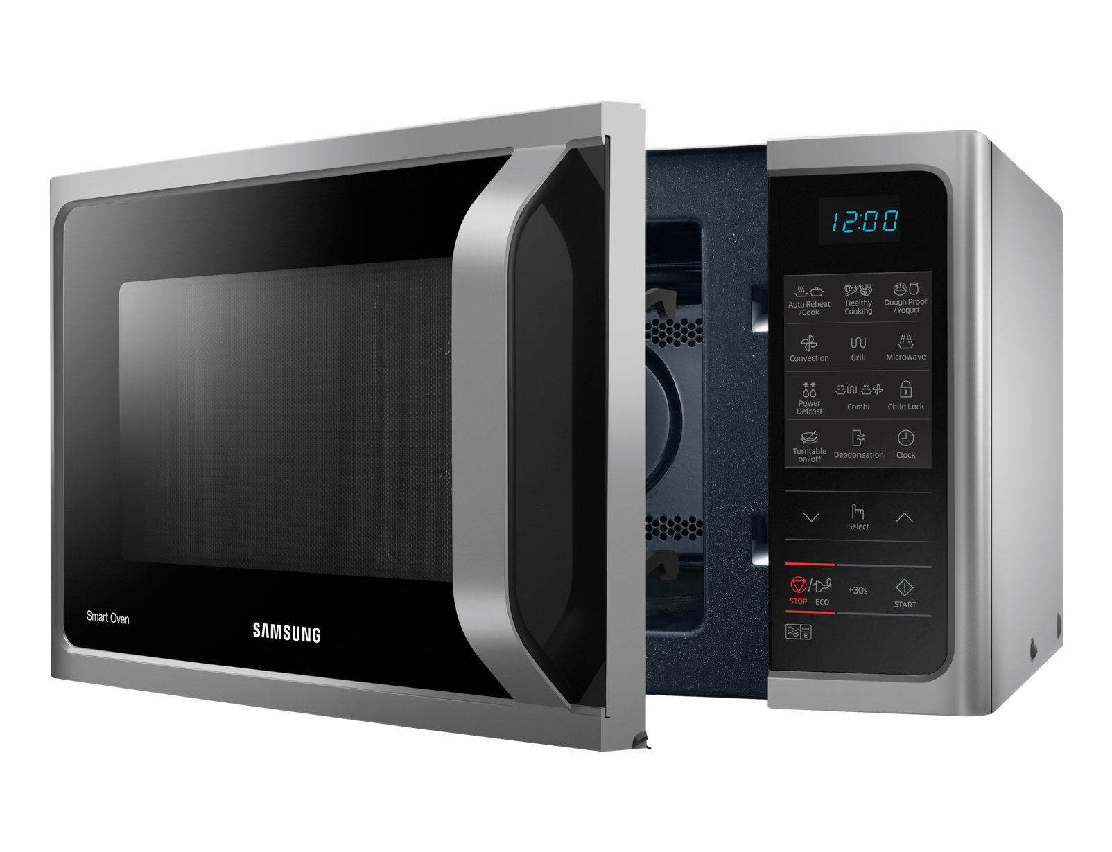 Silver Samsung microwave with open door, control panel, and digital display.