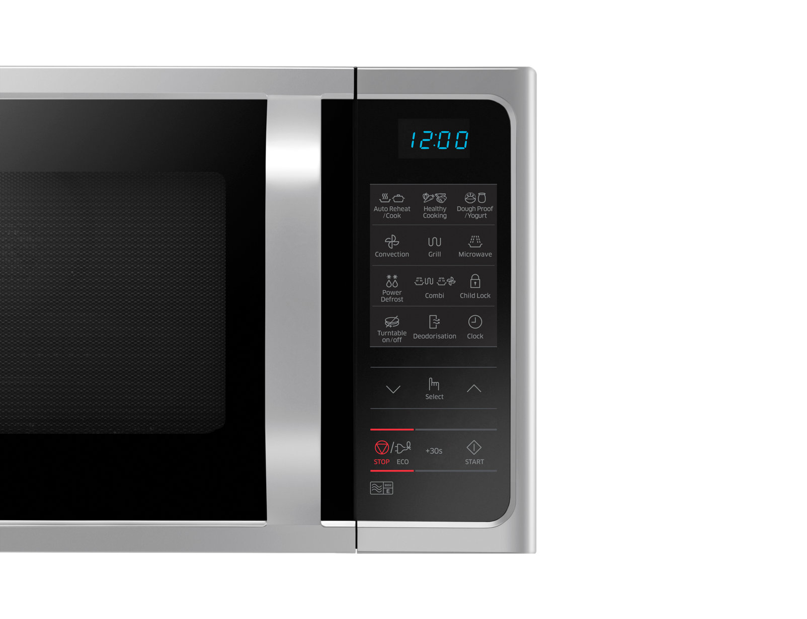 Close-up of a stainless steel microwave oven control panel, with a digital clock display and various buttons.
