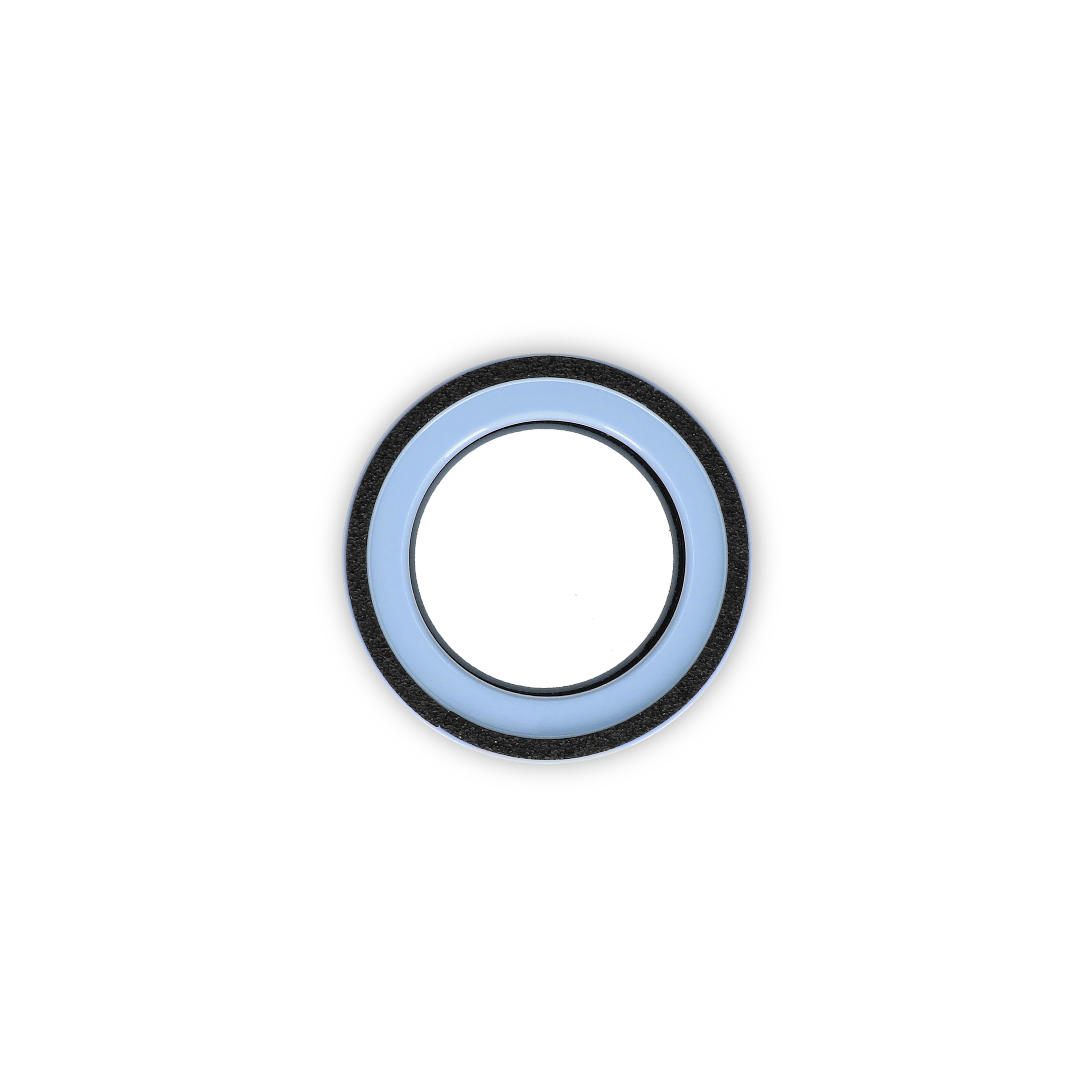 Lichtblauwe en zwarte cirkel, met een zwarte ring aan de binnenkant. Witte achtergrond.