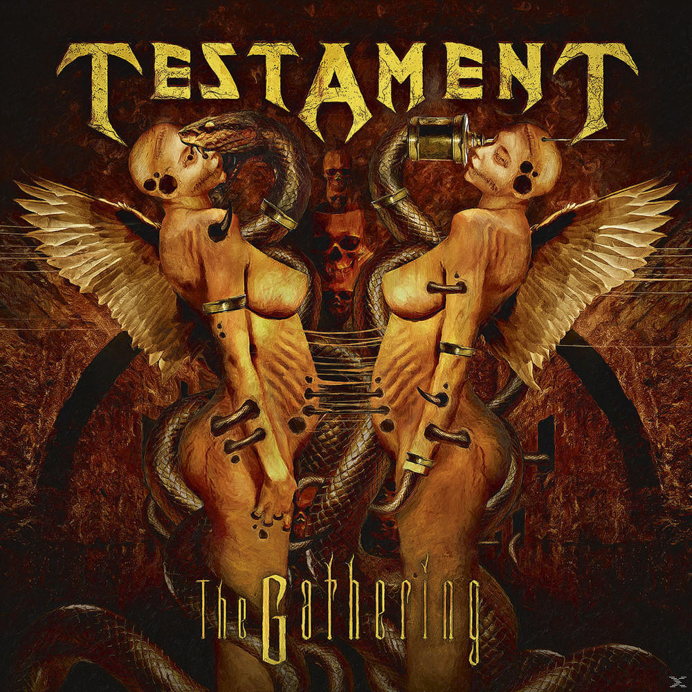 Albumcover mit zwei Frauen mit Flügeln, Schädeln und Schlangen. Text: Testament, The Gathering.