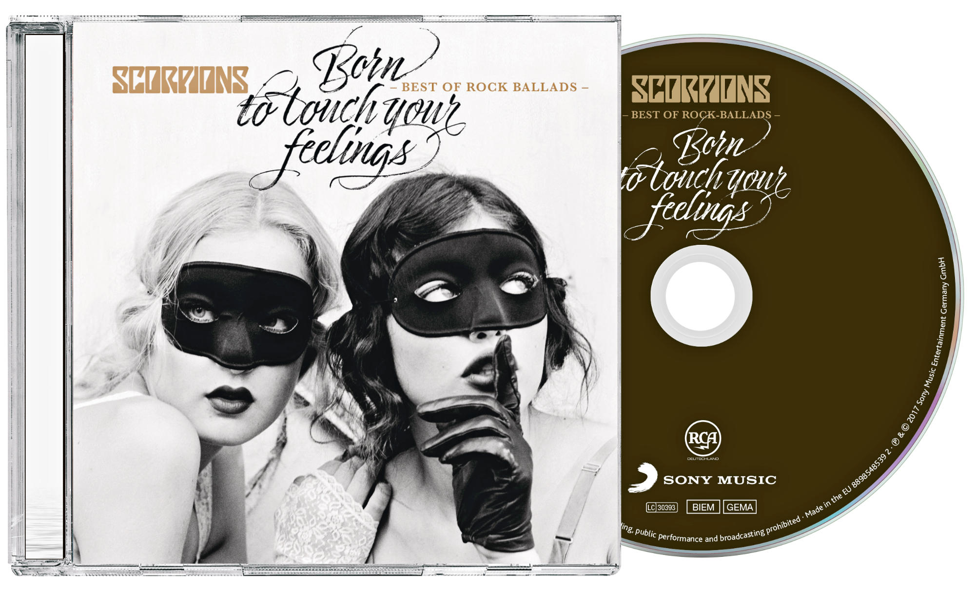 Album borító. Két nő fekete maszkkal. Az egyik csendet int. CD egy ékszerdobozban. Cím: Born to touch your feelings.