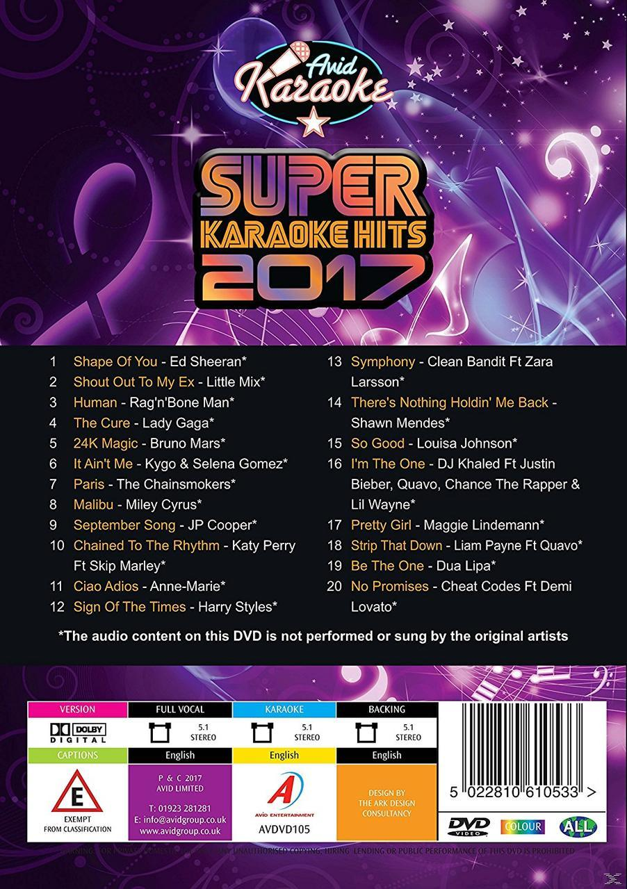 DVD-Cover. Karaoke Hits 2017 mit Titelliste. Enthält Künstler wie Ed Sheeran, Little Mix und Shawn Mendes.