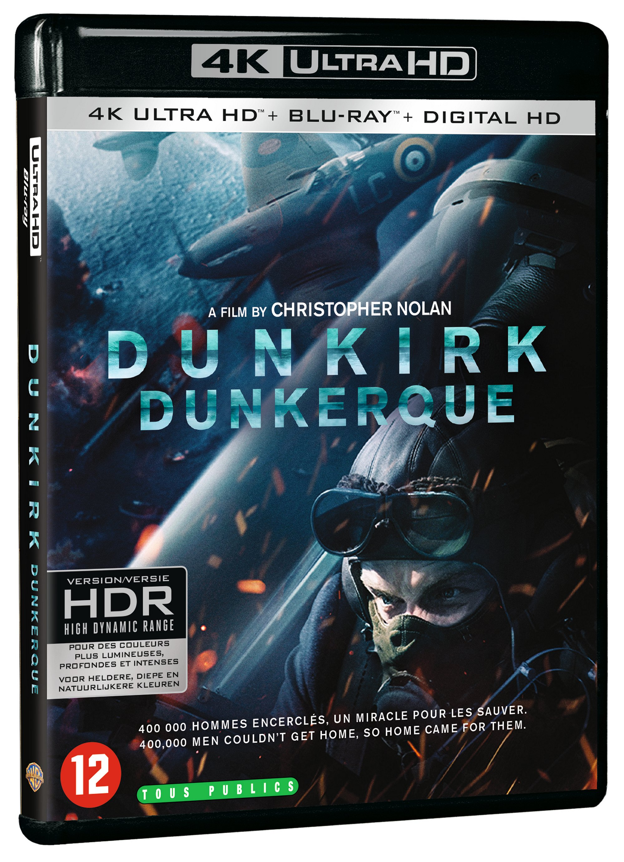 La jaquette du film Dunkerque Blu-Ray, montrant un avion, des hommes et le titre.