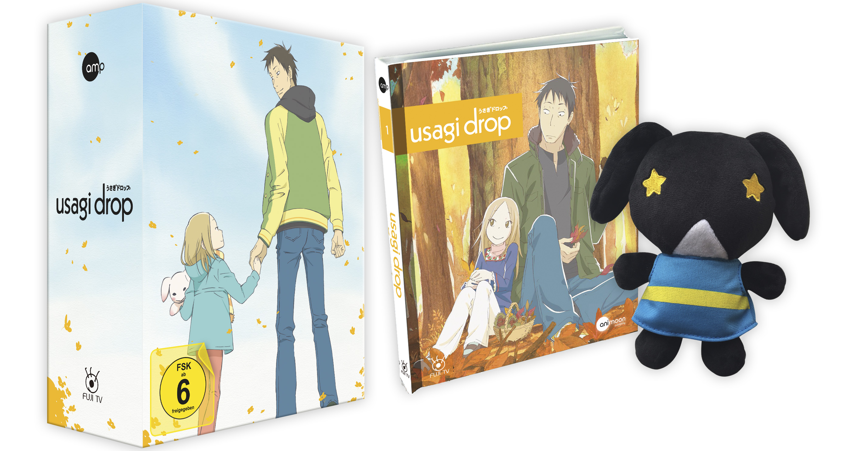 Anime-DVD-Box-Set und Buch. Rechts ein Plüschhund. Die DVD zeigt einen Mann und ein Mädchen, die Händchen halten.