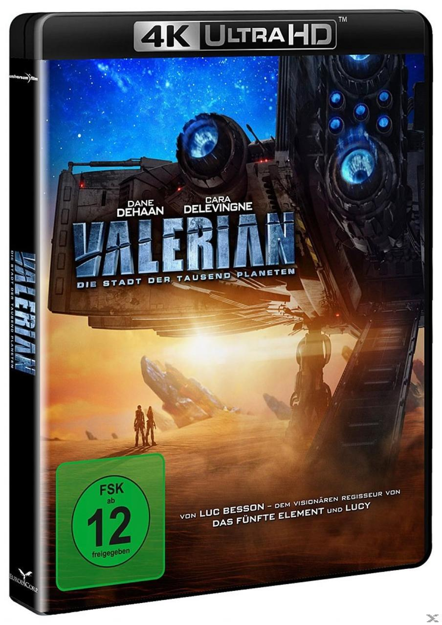 Valerian Film 4K Ultra HD Blu-ray Box mit Weltraumszene und Schauspielern.