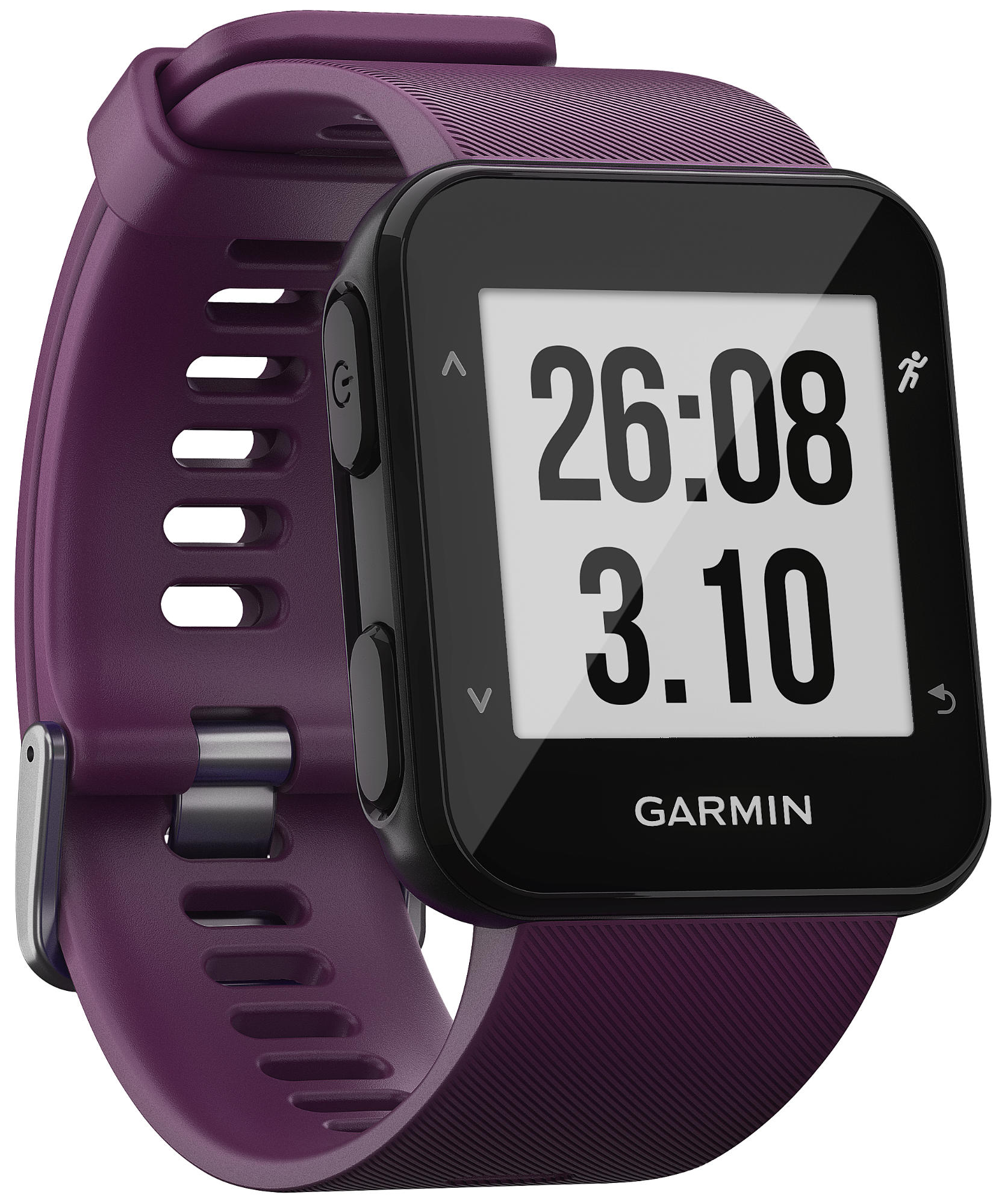 Un reloj Garmin con correa morada. El reloj muestra la hora y la distancia.