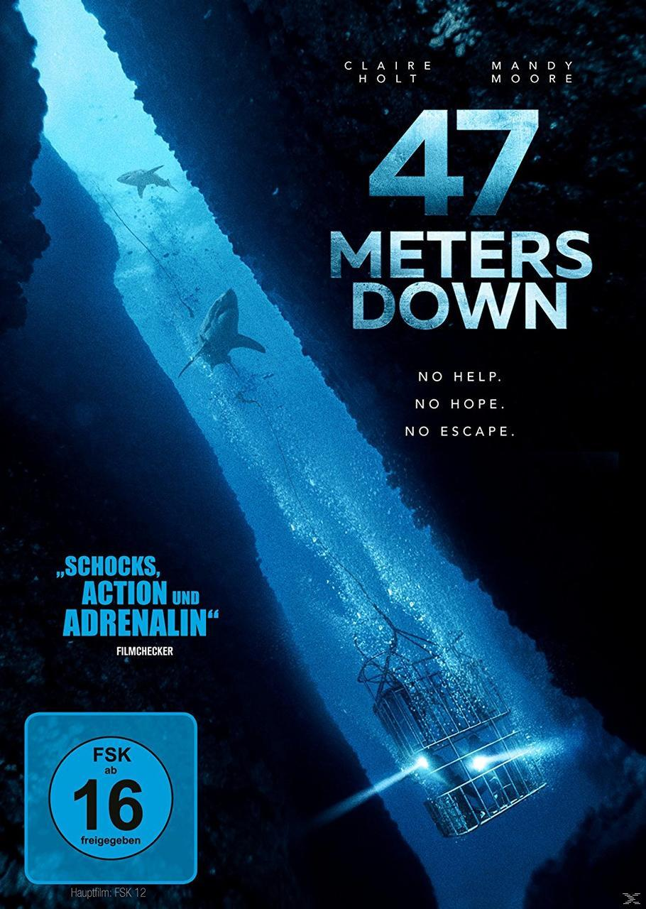 Filmposter für "47 Meters Down". Zeigt einen Haifischkäfig unter Wasser mit Haien und Text.