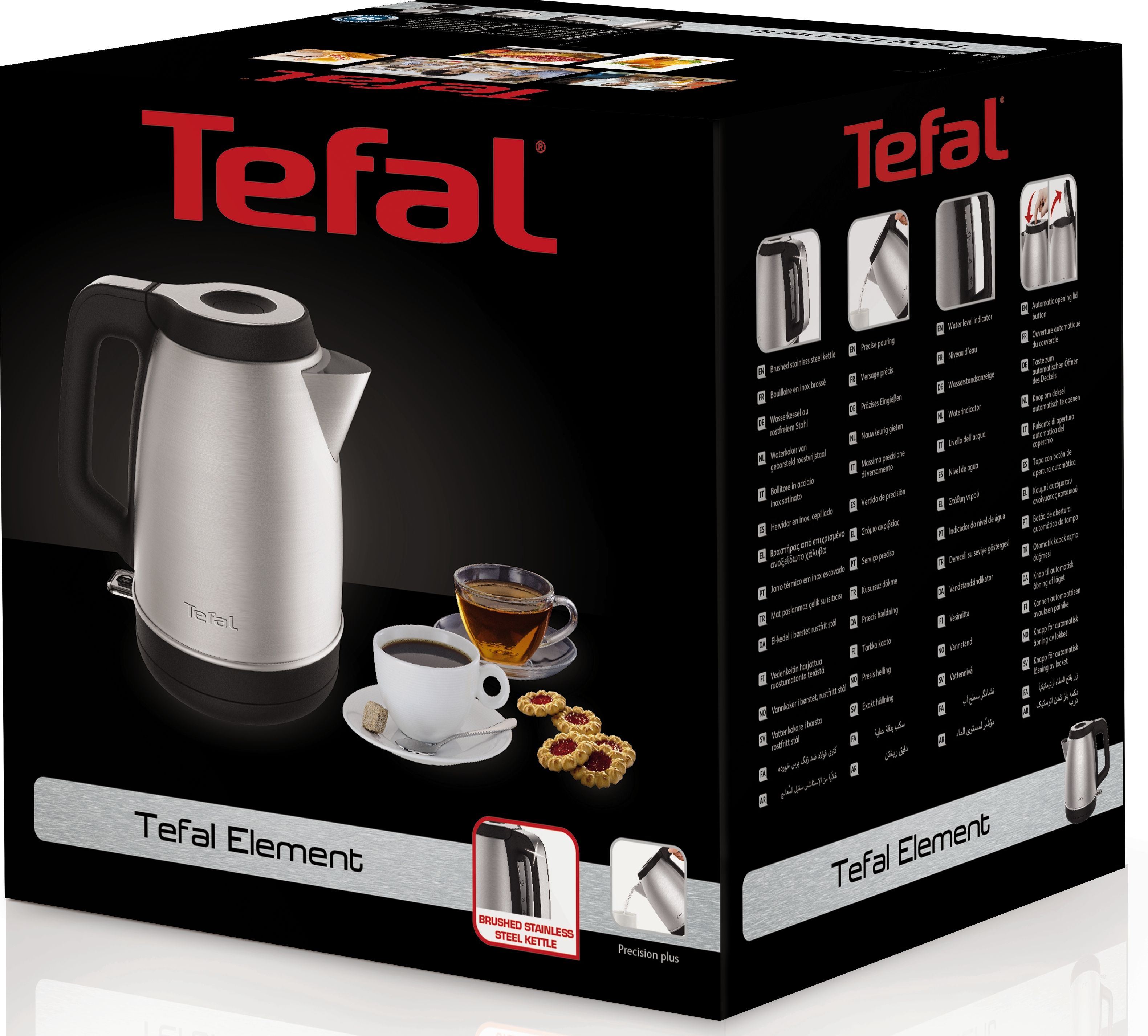 Tefal Wasserkocher Box mit verschiedenen Produktansichten. Schwarze Box mit rotem und weißem Text.
