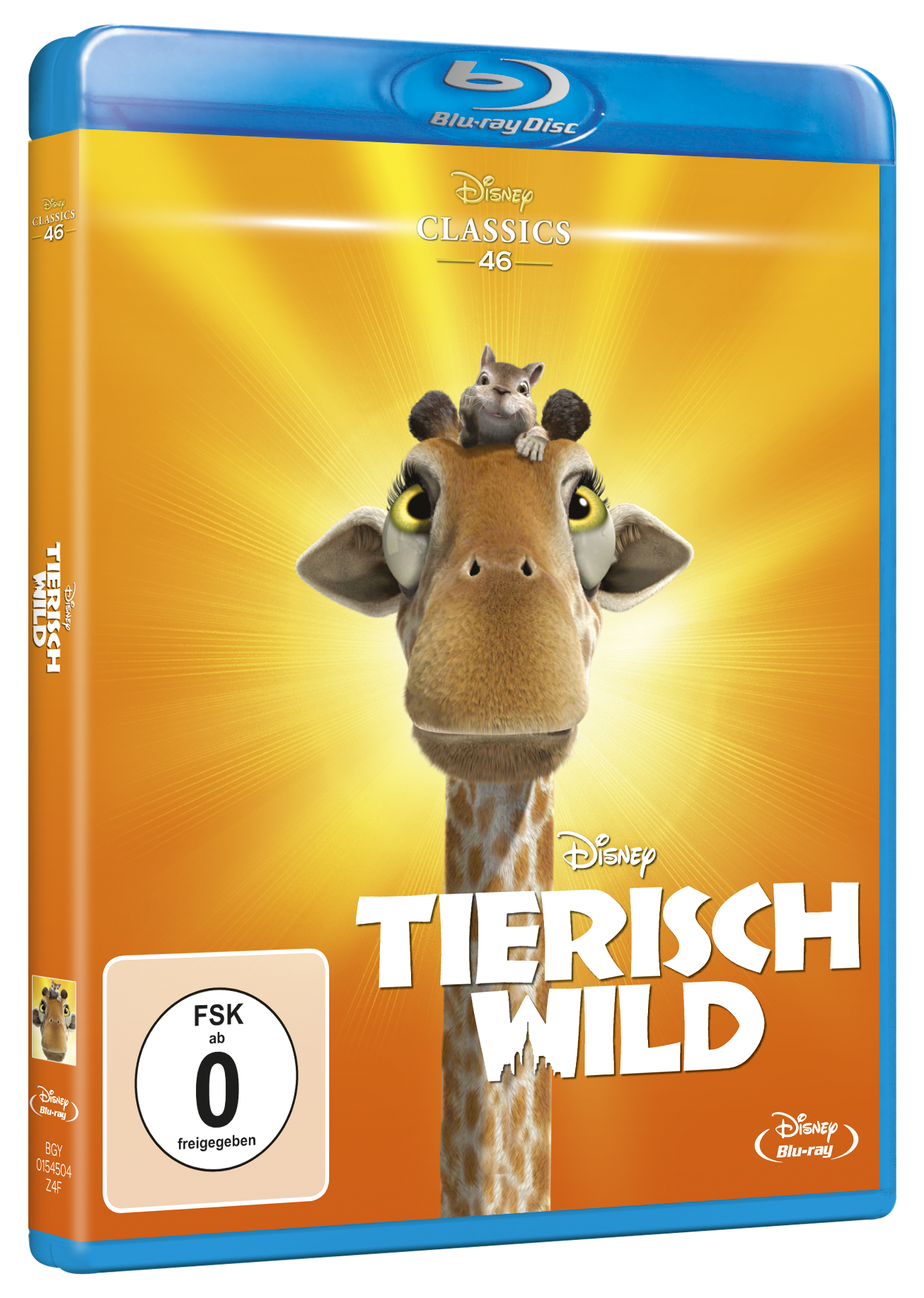 Disney Blu-ray Filmcover einer Giraffe mit einem Eichhörnchen auf dem Kopf. Gelber Hintergrund.