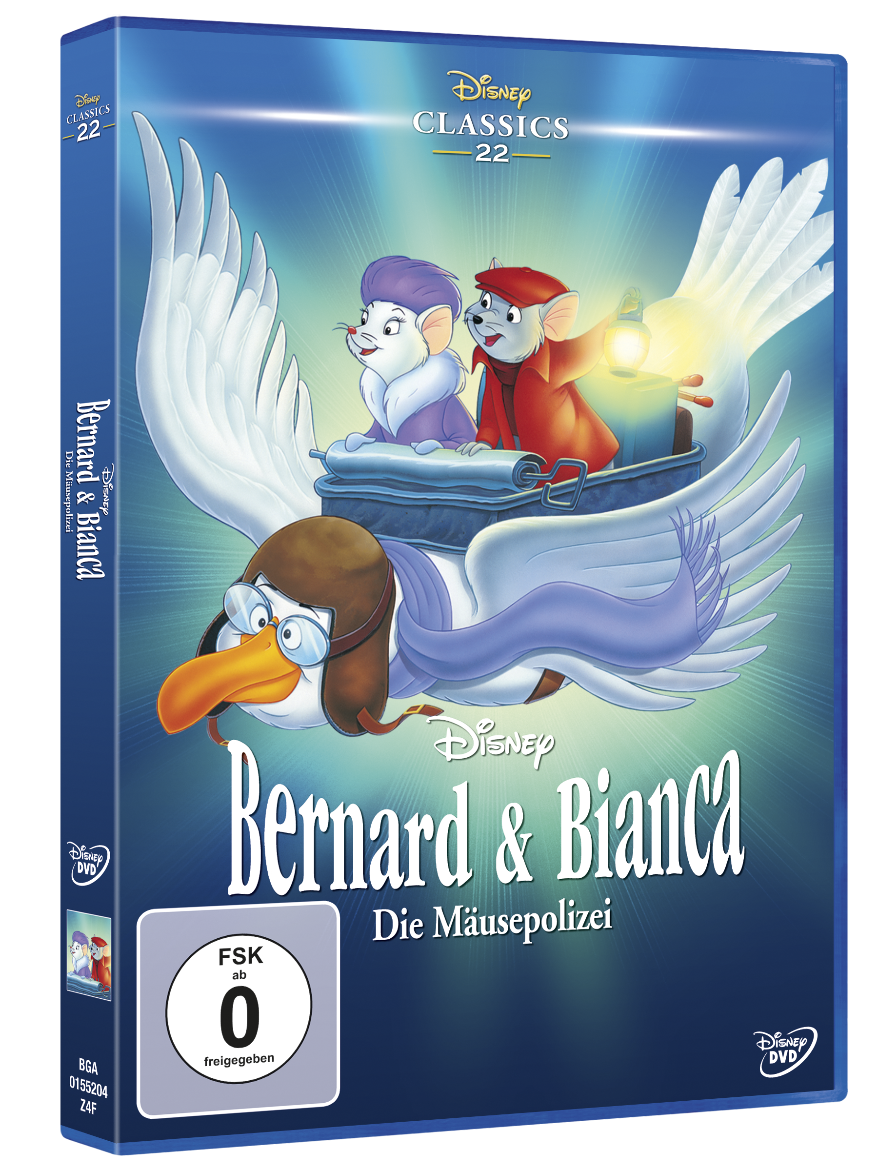 DVD-Hülle von Bernard und Bianca, mit einem Zeichentrick-Pelikan und Mäusen, blauer Hintergrund.