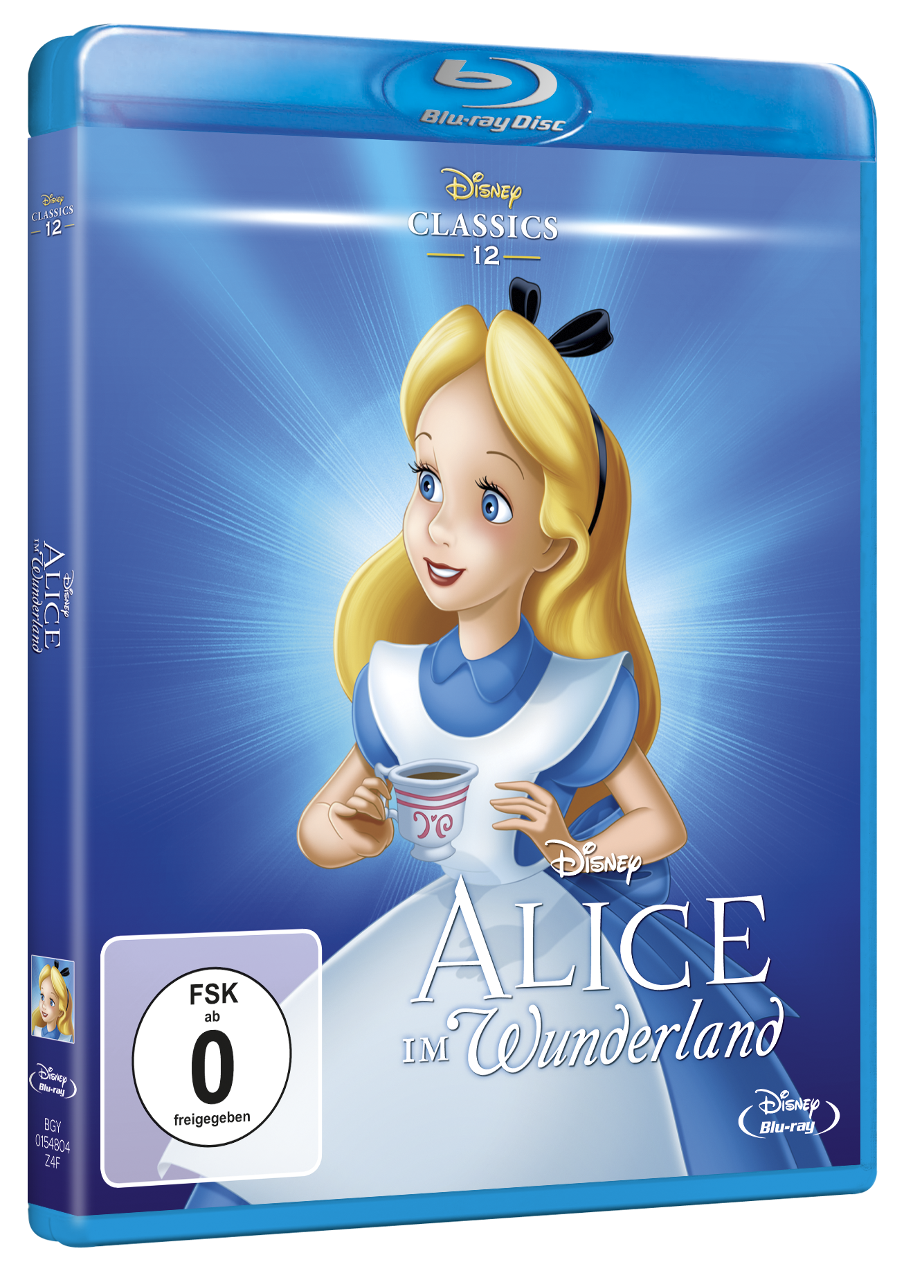 Blu-ray-Cover: Disneys 'Alice im Wunderland' mit Alice mit einer Tasse.