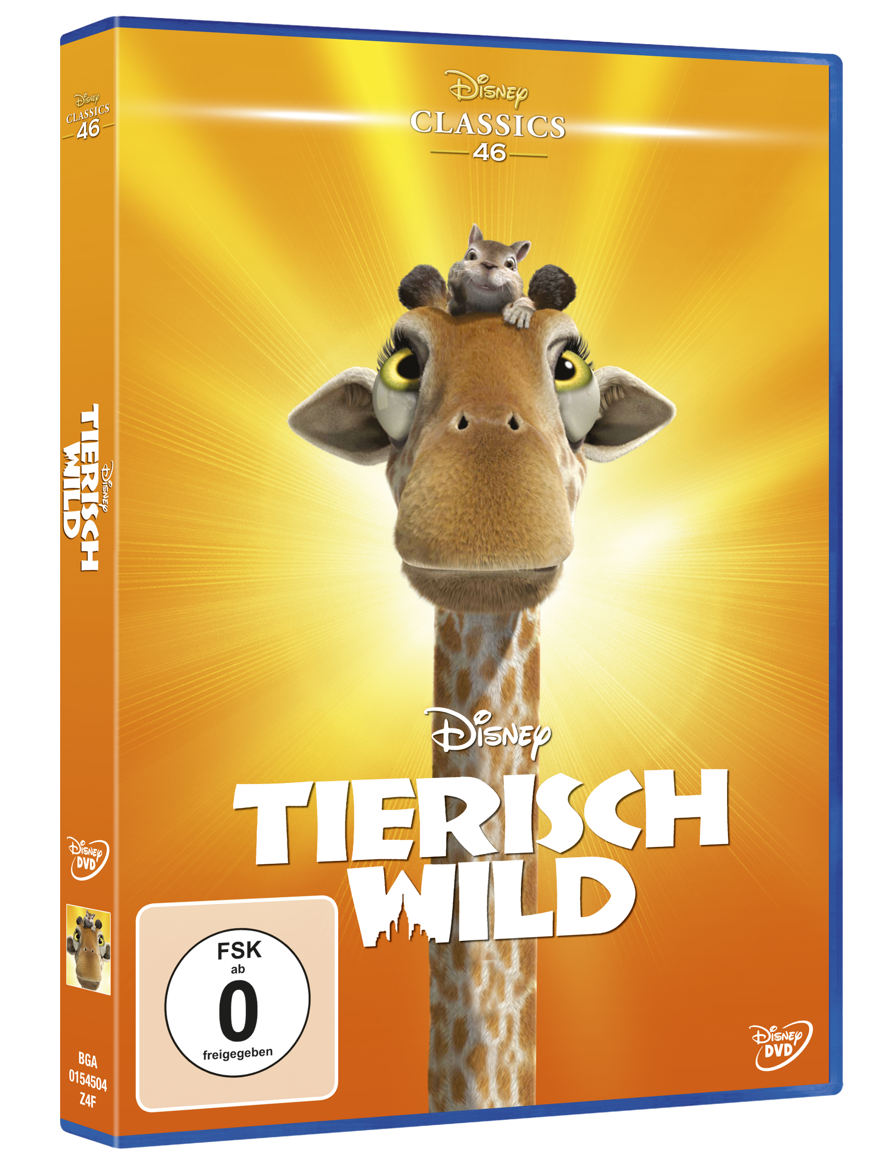 DVD-Hülle von 'Tierisch Wild' mit Giraffe und Eichhörnchen. Oranger Hintergrund mit gelbem Licht.