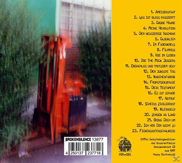 Rückseite einer CD mit gelbem Hintergrund und deutschem Text mit Gabelstapler links.