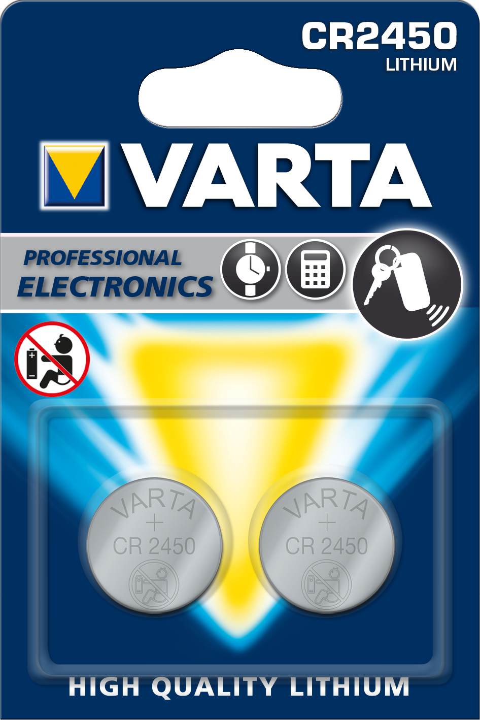 VARTA CR2450 Lithium-Batterien in blau-gelber Verpackung. Enthält Batterie- und Schlüsselanhänger-Symbole.