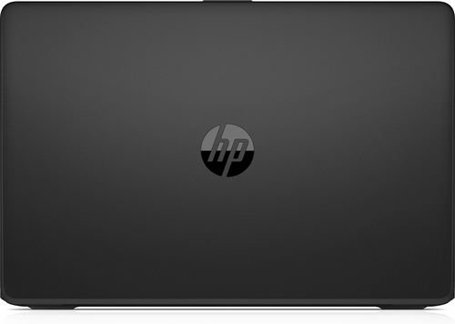 Schwarzer HP-Laptop, Draufsicht. Das HP-Logo ist zentriert. Die Oberfläche ist strukturiert.